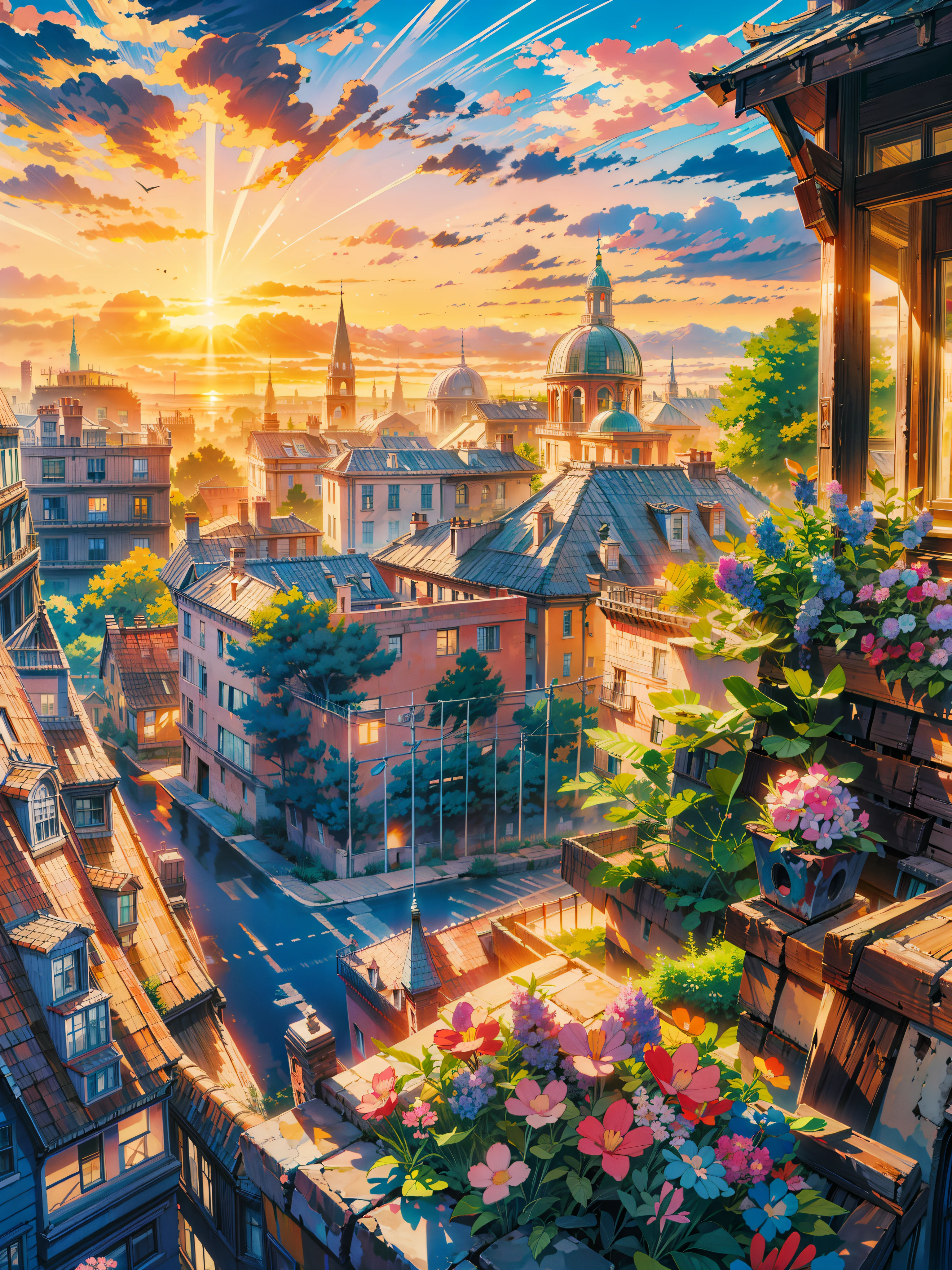 a painting of a sunset over a city, floral sunset, hd anime cityscape, anime scenery, anime landscape, beautiful anime scenery, anime background art, anime scenery concept art, beautiful anime art, tomas kinkade, watching the sun set. anime, beautiful anime artwork, background of flowery hill, beautiful terrace, anime style cityscape, anime beautiful peace scene, no people