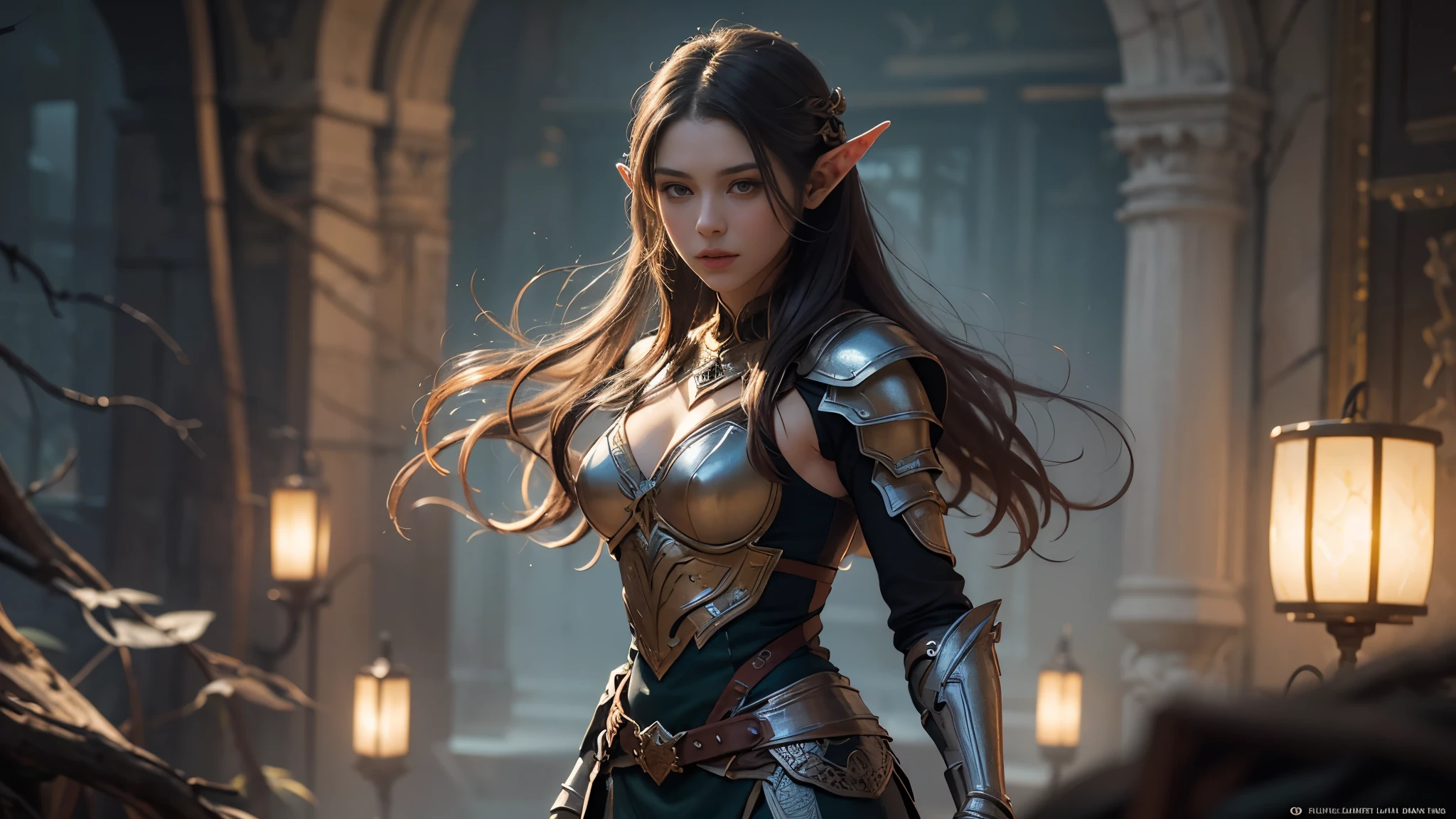 Beautiful portrait of perfect female elf warrior, shapeless long hair, Complete functions, (Wearing gorgeous elven armor), The beauty of abstraction, almost perfect, pure form, dynamic poses, ethereal background, (dark shadow), light, Concept art by Greg Rutkowski and John William Waterhouse, intricate details, 8K post-production, high resolution, Ultra-detailed, Popular topics on Artstation, sharp focus, Depth of field f/1.8, Studio photos.