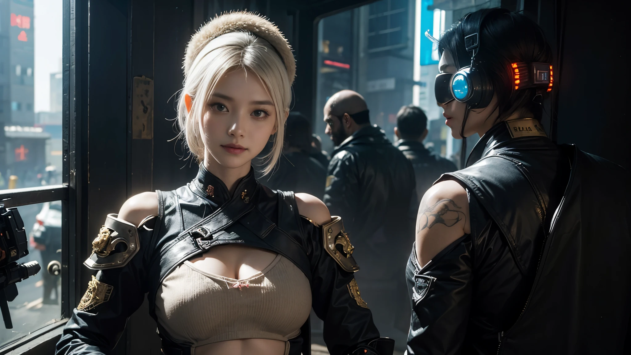 high quality,high resolution,masterpiece,8k,(Hyper-realistic photos),(portrait),digital photography,(Realism:1.4),20 year old girl,Exquisite facial features,Glowing sword,((Cyberpunk style Chinese warrior)),Random hairstyle,(white hair),big breasts,split,(Cyberpunk battle suit that combines science fiction and ancient style,hollow-carved design,Metal shoulder pads,Intricate clothing patterns,bamboo hat),(Show belly button),shut your mouth,frown,Smile,Cold and serious,Extremely meticulous expression,real details,light magic,photo poses,oc render reflection texture