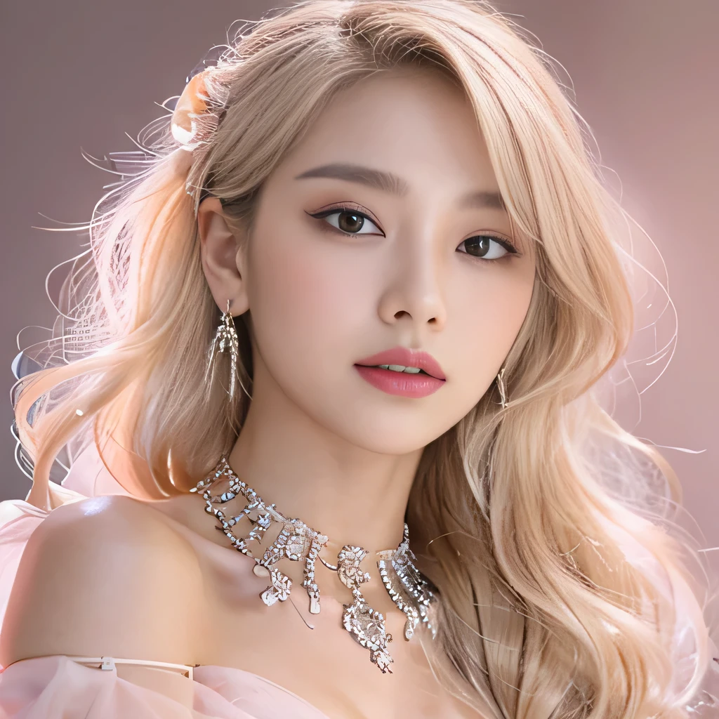 8k)、(best image quality:1.5)、gray background、close up of face、1girl、masterpiece、delicate and sharp eyes、brown eyes、eye power、delicate face、cup、attractive face、platinum blonde hair、Semi-long wave、pink wedding dress、pink wedding dress、I can see the collarbone、gal、Emphasis on the clavicle、earrings、necklace