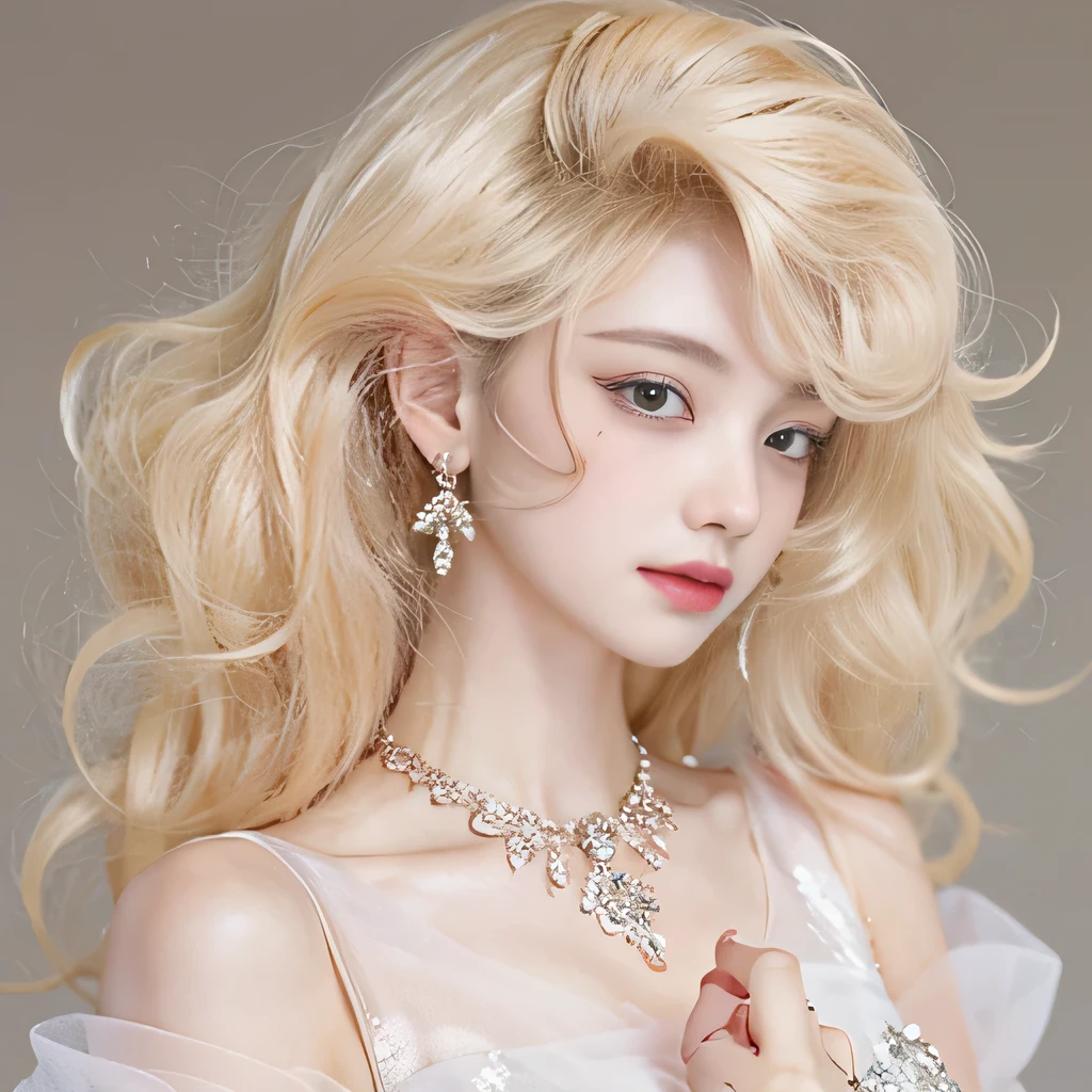 8k）、（best image quality:1.5）、gray background、close up of face、１girl、masterpiece、delicate and sharp eyes、brown eyes、eye power、delicate face、cup、attractive face、platinum blonde hair、Semi-long wave、pink wedding dress、pink wedding dress、I can see the collarbone、gal、Emphasis on the clavicle、earrings、necklace