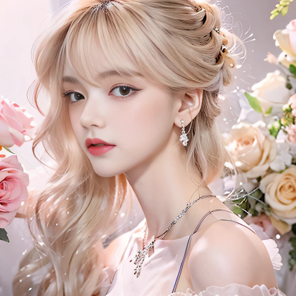 8k)、(best image quality:1.5)、gray background、close up of face、1girl、masterpiece、delicate and sharp eyes、brown eyes、eye power、delicate face、cup、attractive face、platinum blonde hair、Semi-long wave、pink wedding dress、pink wedding dress、I can see the collarbone、gal、Emphasis on the clavicle、earrings、necklace