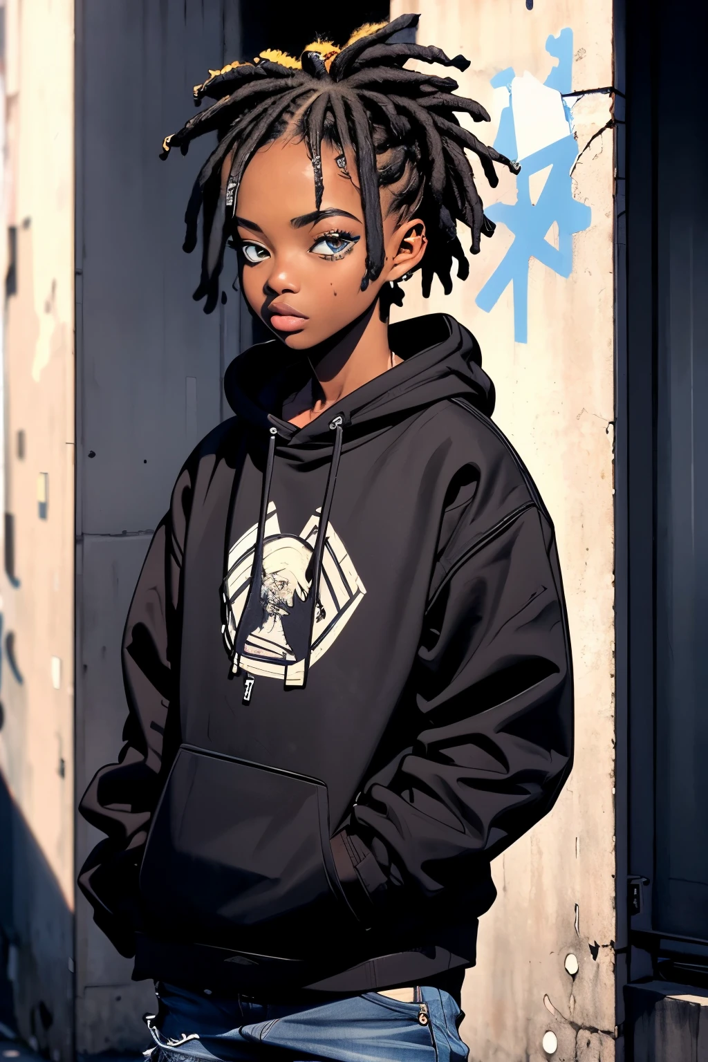 black boy, sweatshirt, beautiful detailed eyes, stylish haircut, urban setting, vibrant colors, street art, graffiti, cool pose, natural lighting, realistic, modern art style, high resolution, rich texture, youthful energy.
