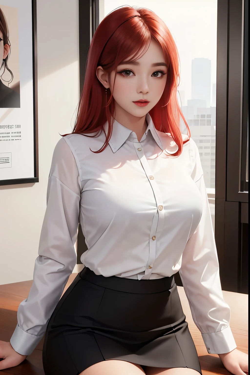 a woman in a skirt and blouse, work at office, look at MacBook, Female Boss, modern office interior, wide window, city view, smooth white tight clothes suit, gorgeous young korean woman, wearing an elegant outfit, elegant clothes, beautiful south korean woman, elegant slim beige shirt, korean woman, korean girl, white trendy clothes, beautiful young korean woman, gorgeous lady, (hyperrealistic), (illustration), (high resolution), (8K), (extremely detailed), (best illustration), (beautiful detailed eyes), (best quality), (ultra-detailed), (masterpiece), (wallpaper), (detailed face) red smooth hair
