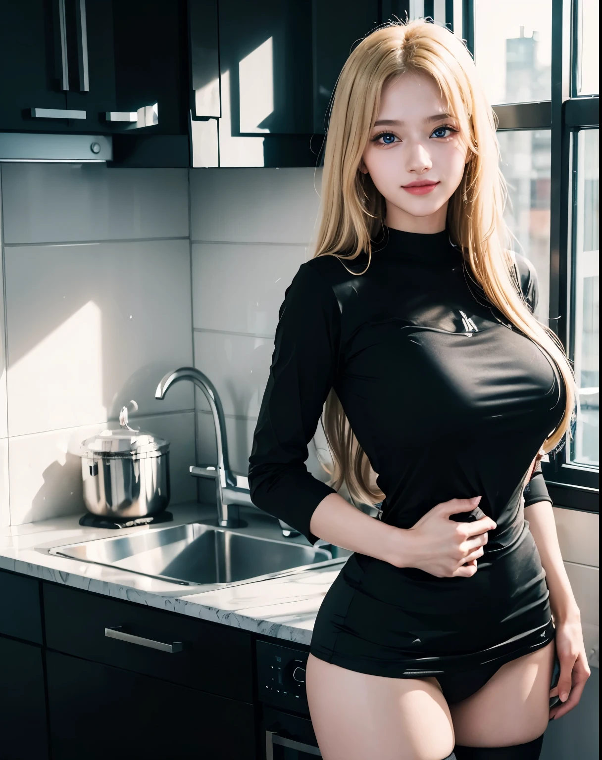 1girl, (Blue Eyes), (smiling :1.2), (Sana Minatozaki), (beautiful makeup :1.1), wide hips, Big tits, big ass, (Best Quality, 8k, Masterpiece: 1.3), Clear Focus: 1.2, Perfect Body Beauty: 1.4, strong abs, Highly detailed face and skin texture, detailed eyes, double eyelids, (blond long hair :1.2), (black long t-shirt :1.3), (black long stockings), standing, dynamic pose, in the kitchen, window in the back