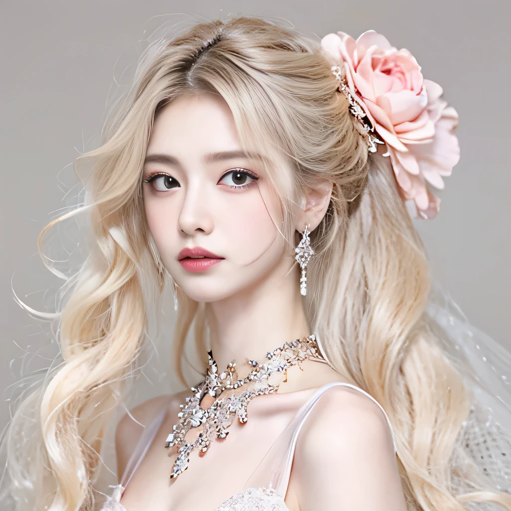 8k)、(best image quality:1.5)、gray background、close up of face、1girl、masterpiece、delicate and sharp eyes、brown eyes、eye power、delicate face、cup、attractive face、platinum blonde hair、Semi-long wave、pink wedding dress、pink wedding dress、I can see the collarbone、gal、Emphasis on the clavicle、earrings、necklace