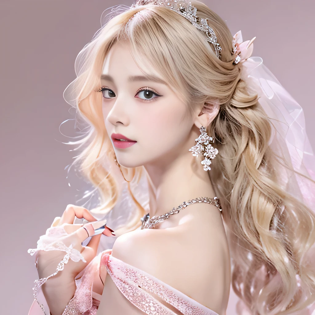 8k）、（best image quality:1.5）、gray background、close up of face、１girl、masterpiece、delicate and sharp eyes、brown eyes、eye power、delicate face、cup、attractive face、platinum blonde hair、Semi-long wave、pink wedding dress、pink wedding dress、I can see the collarbone、gal、Emphasis on the clavicle、earrings、necklace