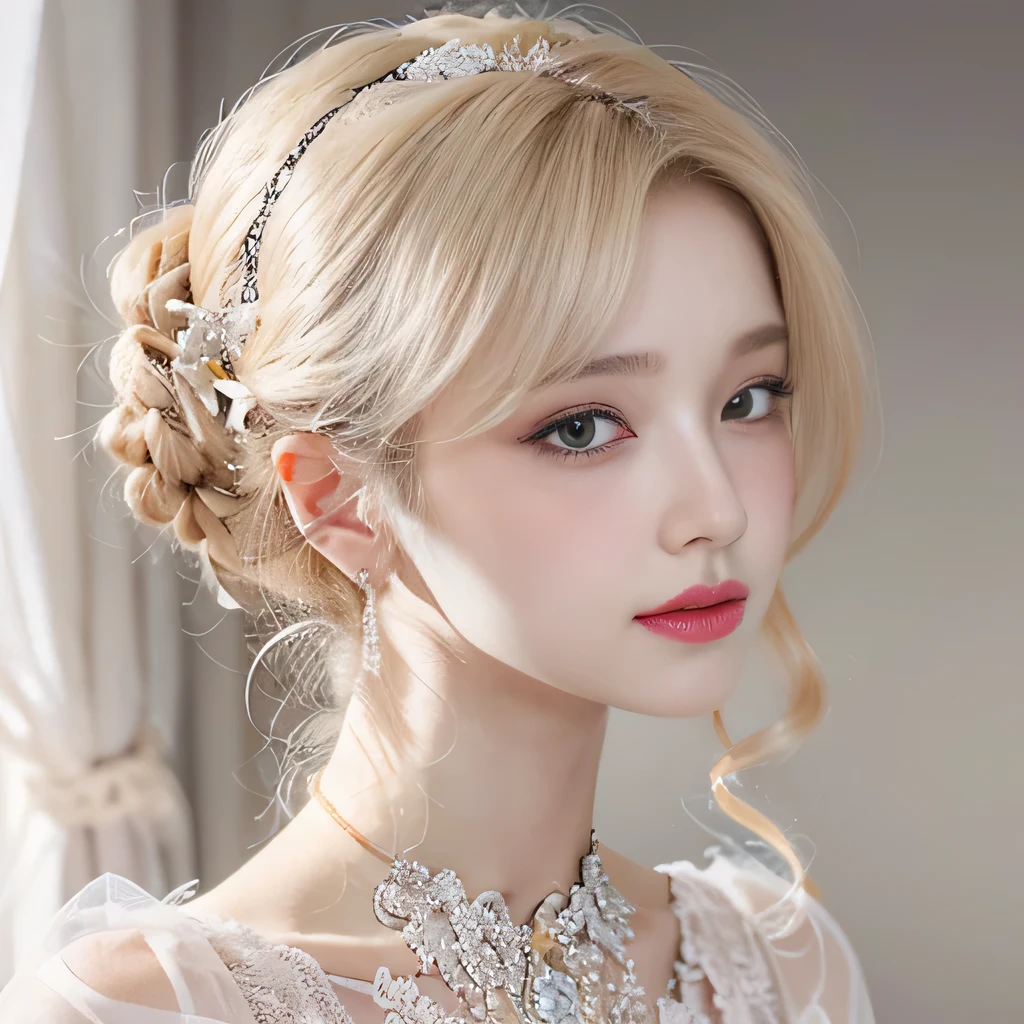 8k）、（best image quality:1.5）、gray background、close up of face、１girl、masterpiece、delicate and sharp eyes、brown eyes、eye power、delicate face、cup、attractive face、platinum blonde hair、Semi-long wave、pink wedding dress、pink wedding dress、I can see the collarbone、gal、Emphasis on the clavicle、earrings、necklace
