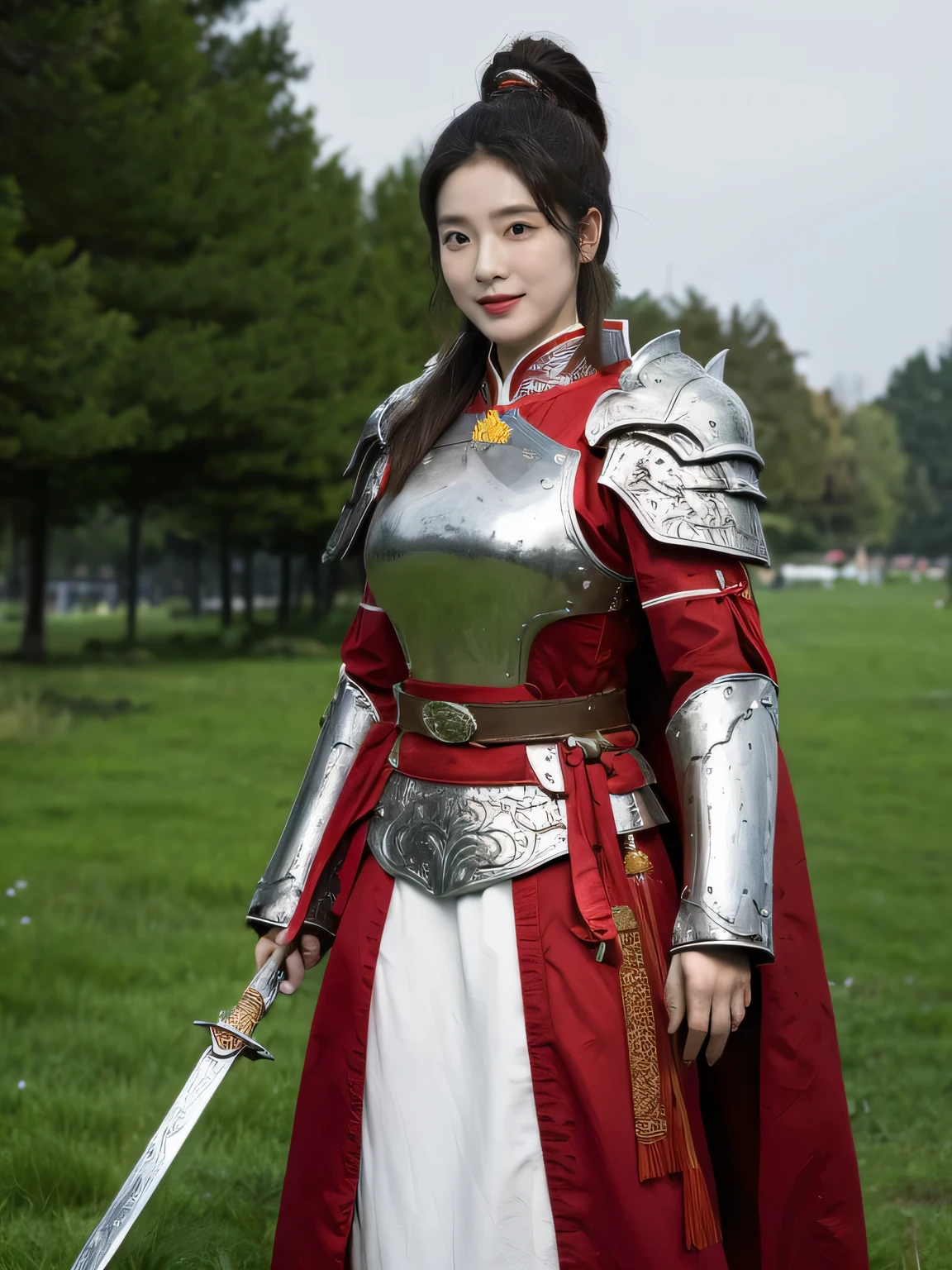 masterpiece，Best quality，HD quality，face close-up，A high resolution，8K，Ancient battlefield background, ((field：1.8))，(Female generals on the battlefield in the Han Dynasty)，18-year-old girl，（long ponytail hairstyle)，cparted lips，Full and erect breasts，Noble and charming，Elegant and serious，Chinese armor,sword, Chinese architecture, red cloak，，The combination of white metal and red leather，chest armor，metallic luster，Leather buckle，Exquisite pattern，mysterious badge，Cool and gorgeouig breasts))，Chest groove，Three Kingdoms character painting style，Photo pose，oc render reflection texture，charming smile，Head-up shot，bright afternoon，woodland background