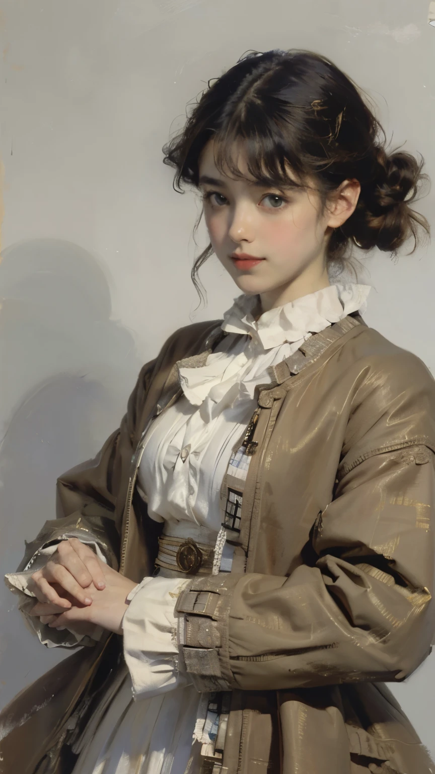 ((Watercolor painting by Singer Sargent))、Impressionist style painting、art of edouard bisson、(highest quality、masterpiece)、A woman wearing a brown shirt and brown jacket, with short hair, soft portrait shot 8k, 8K portrait rendering, Realistic anime 3d style, realistic young anime girl, real anime girl, anime girl profile, Shirahime cut hairstyle, Side portrait of cute girl, (no background)、((white background))、