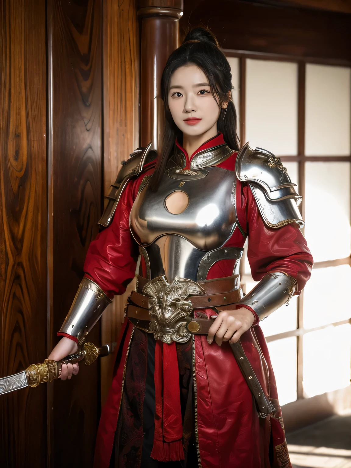 masterpiece,Best quality,HD quality,face close-up,A high resolution,8K,Ancient battlefield background, ((field:1.8)),(Female generals on the battlefield in the Han Dynasty),18-year-old girl,(long ponytail hairstyle),cparted lips,Full and erect breasts,Noble and charming,Elegant and serious,Chinese armor,sword, Chinese architecture, red cloak,,The combination of white metal and red leather,chest armor,metallic luster,Leather buckle,Exquisite pattern,mysterious badge,Cool and gorgeouig breasts)),Chest groove,Three Kingdoms character painting style,Photo pose,oc render reflection texture,charming smile,Head-up shot,bright afternoon,woodland background