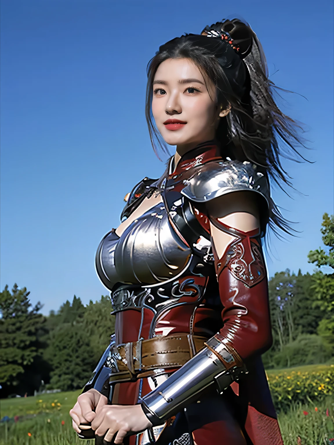 masterpiece，Best quality，HD quality，face close-up，A high resolution，8K，Ancient battlefield background, ((field：1.8))，(Female generals on the battlefield in the Han Dynasty)，18-year-old girl，（long ponytail hairstyle)，cparted lips，Full and erect breasts，Noble and charming，Elegant and serious，Chinese armor,sword, Chinese architecture, red cloak，，The combination of white metal and red leather，chest armor，metallic luster，Leather buckle，Exquisite pattern，mysterious badge，Cool and gorgeouig breasts))，Chest groove，Three Kingdoms character painting style，Photo pose，oc render reflection texture，charming smile，Head-up shot，bright afternoon，woodland background