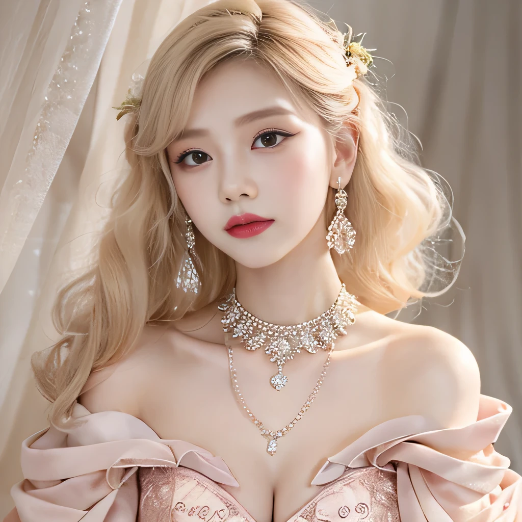 8k)、(best image quality:1.5)、gray background、close up of face、1girl、masterpiece、delicate and sharp eyes、brown eyes、eye power、delicate face、cup、attractive face、platinum blonde hair、Semi-long wave、pink wedding dress、pink wedding dress、I can see the collarbone、gal、Emphasis on the clavicle、earrings、necklace
