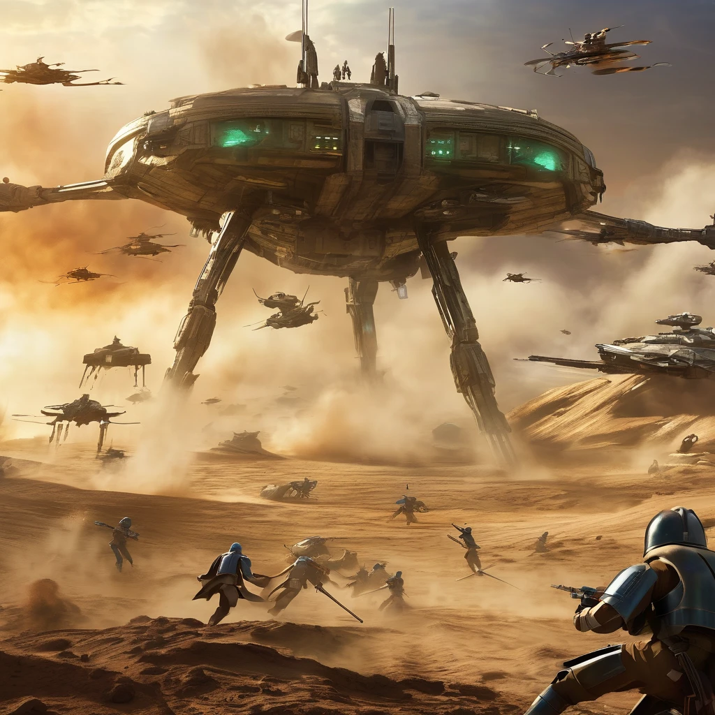 (aerial view,Gungan army fighting droid army,Star Wars),action-packed battle scene,detailed Gungan warriors,explosions and blaster fire,vibrant colors,dynamic lightsabers,realistic special effects,sci-fi atmosphere,epic proportions,immersive battle environment,huge droid army,thrilling combat,electrifying energy of the battle,massive war machines,awe-inspiring battleships,jaw-dropping visual spectacle,stunning choreographed fight sequences,grand scale of the conflict,futuristic weaponry and technology,high-res cinematic quality,otherworldly landscapes,iconic characters,charismatic generals,strong sense of heroism,military strategies and tactics,strategic deployments and maneuvers,dangerous skirmishes,heroic sacrifice,breathtaking aerial stunts,expansive battlefield,artistic camera angles,dramatic perspective shifts,intense emotions and expressions,high-octane action,emblematic Star Wars setting,visceral impact,immersive audio design,unforgettable battle experience