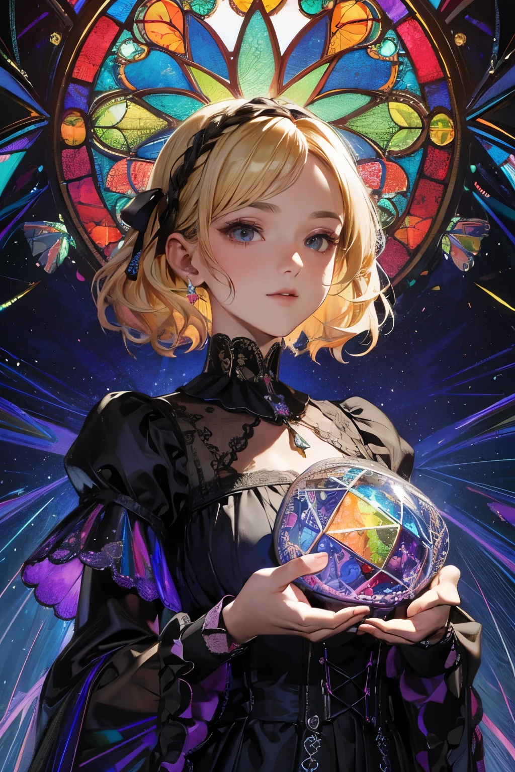 (Masterpiece, Best Quality), 8k,(((highly detailed))), lace:1.8,Super intricate lace pattern,colorful lace pattern,stained glass background, kaleidoscope,light-up,Gothic, 1 woman,(wave hair,blonde hair),holography