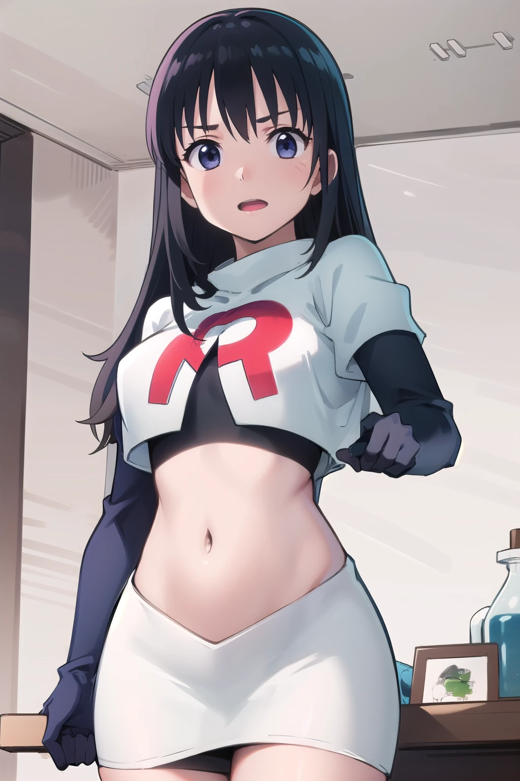 photorealistic, (4k), depth of field, (Masterpiece), (realistic skin texture), extremely detailed, intricate, hyper detailed, professional photography, high resolution, sharp detail, best quality, girl, long hair, black hair, dark blue eyes, face mark,team rocket,team rocket uniform,white skirt,red letter R,crop top,black thigh-highs,black elbow gloves