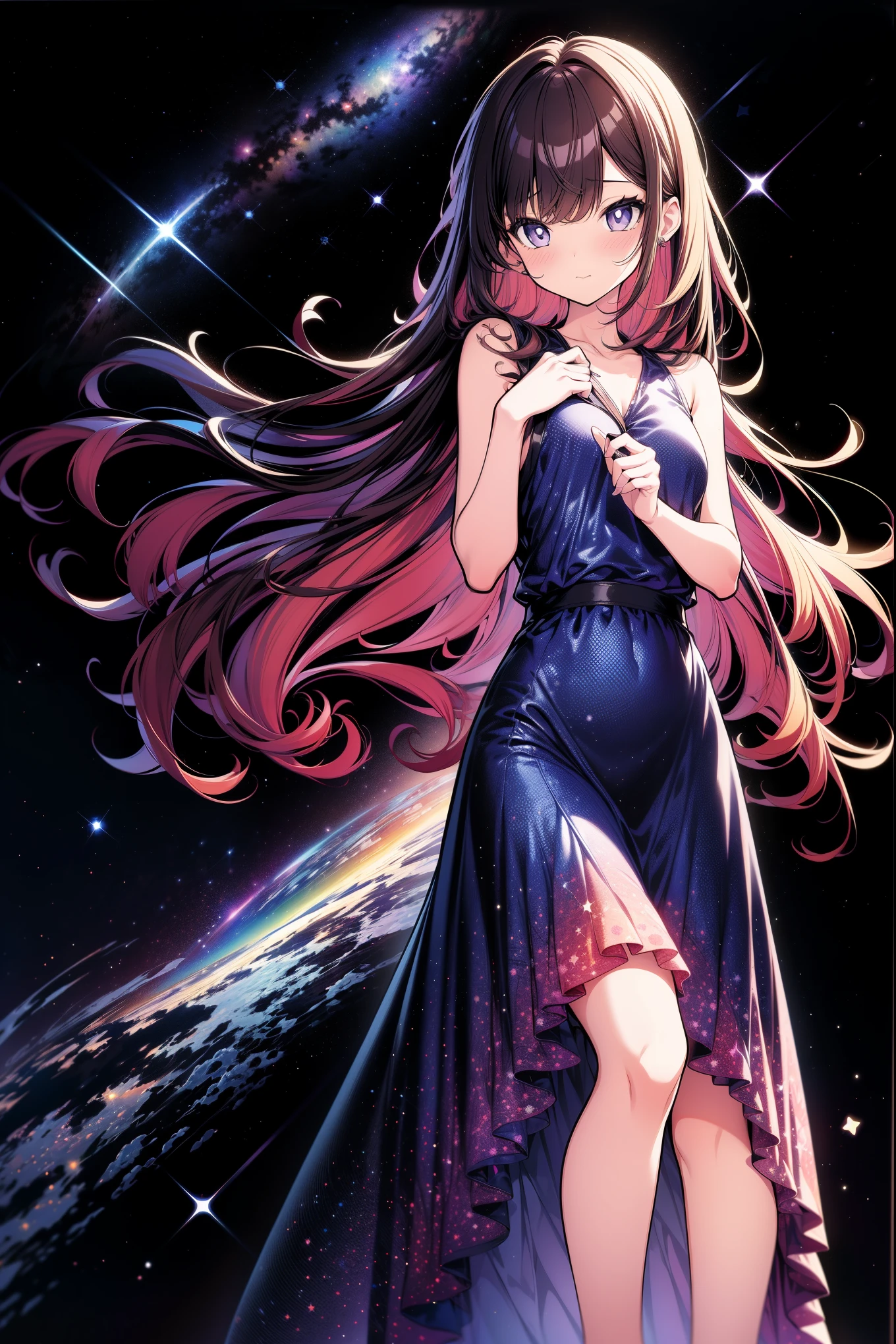 Girl wearing starry dress, The Milky Way stretches to the horizon,Elegant twirl in long skirt,deep indigo and violet shades, A feeling of wonder and vastness of the universe, illustration, oil painting on canvas,