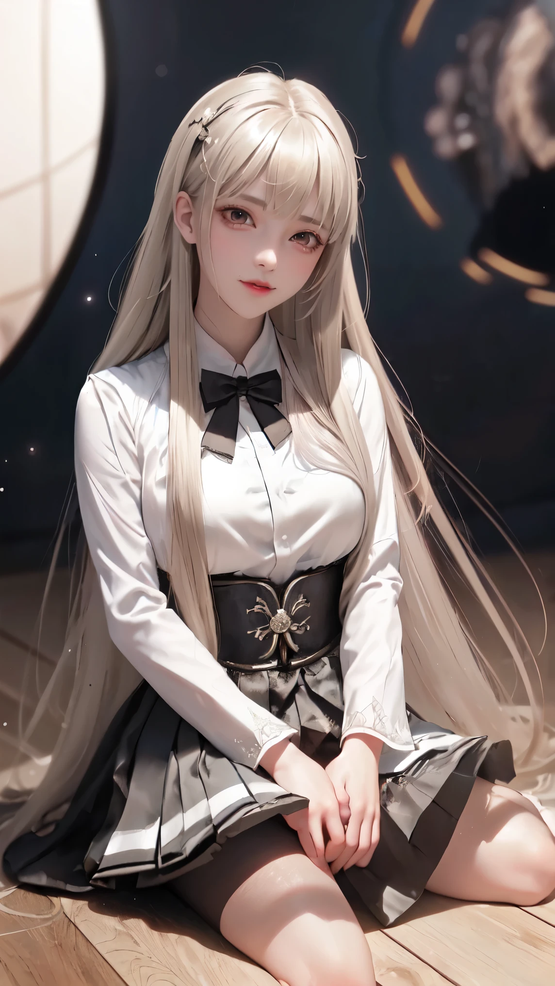 , girl in black japanese school uniform, badass anime 8k, anime art wallpaper 4k, anime art wallpaper 4k, fantasy anime artwork 2.5 d cgi, art wallpaper 8k anime, digital detailed anime art, beautiful fantasy anime, epic anime artwork, 4k anime wallpaper, detailed anime artwork, sexy, sexy, woman, anime style, best quality, extremely detailed, best shadows), (detailed background, dark fantasy), (beautiful detailed faces), high contrast, (best lighting, extremely delicate and beautiful), ((cinematic lighting)), colorful, super detailed, dramatic lighting, intricate details, (1 girl, solo, sharp face, . Blonde, super long hair , thin bangs, long eyelashes, dynamic angle), blood splatter, black light swirling around character, depth of field, black light particles, (broken glasagic circle