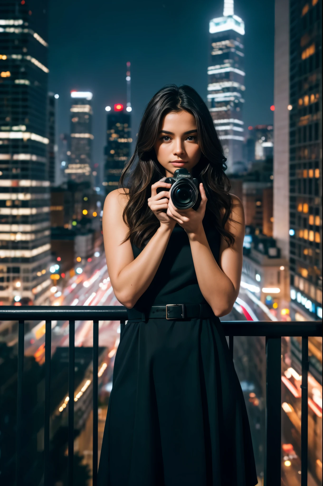 masterpiece, best quality, extremely detailed, hyperrealistic, photorealistic, a beautiful photographer, holding a camera with both hands, taking a photo, city, night