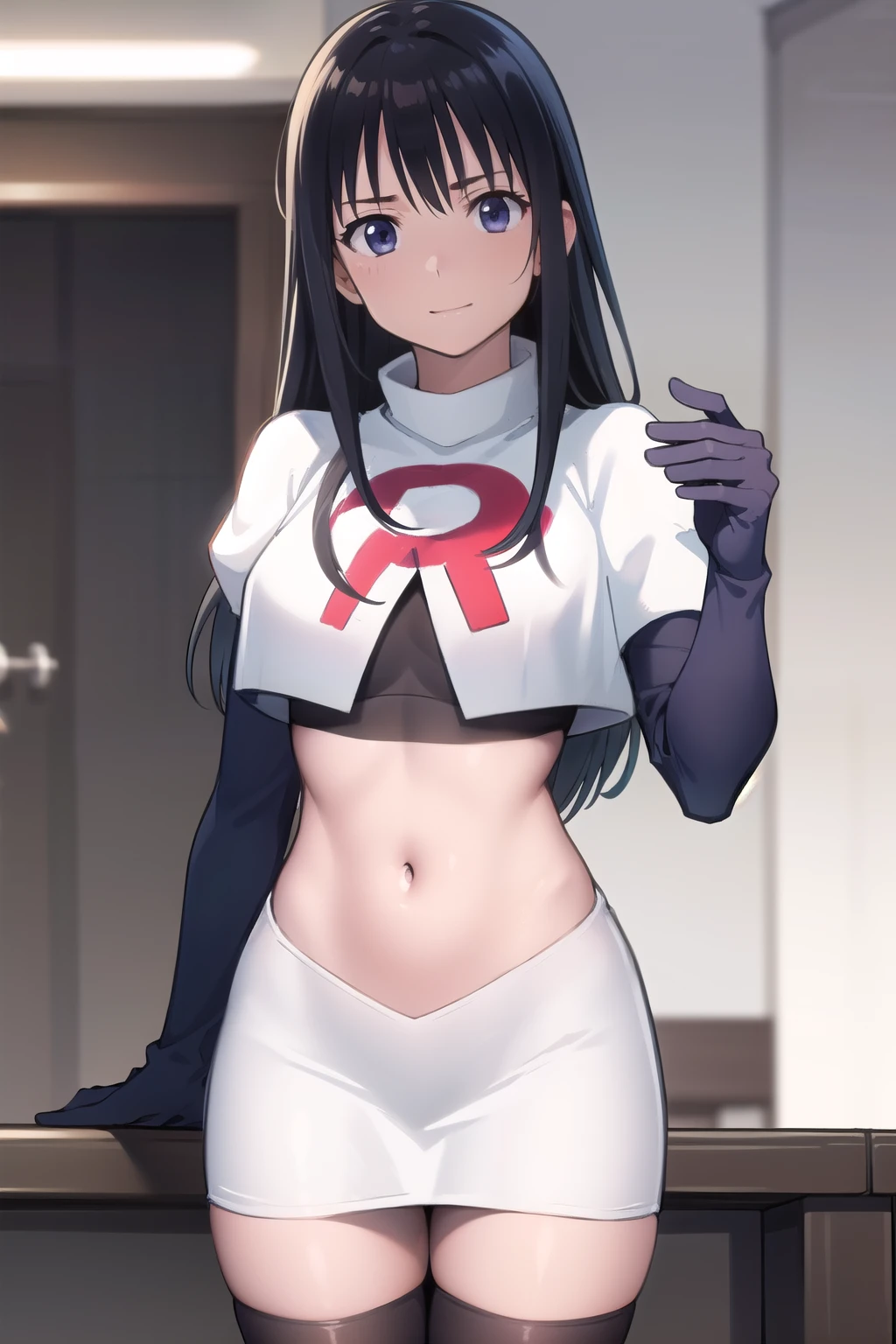 photorealistic, (4k), depth of field, (Masterpiece), (realistic skin texture), extremely detailed, intricate, hyper detailed, professional photography, high resolution, sharp detail, best quality, girl, long hair, black hair, dark blue eyes, face mark,team rocket,team rocket uniform,white skirt,red letter R,crop top,black thigh-highs,black elbow gloves
