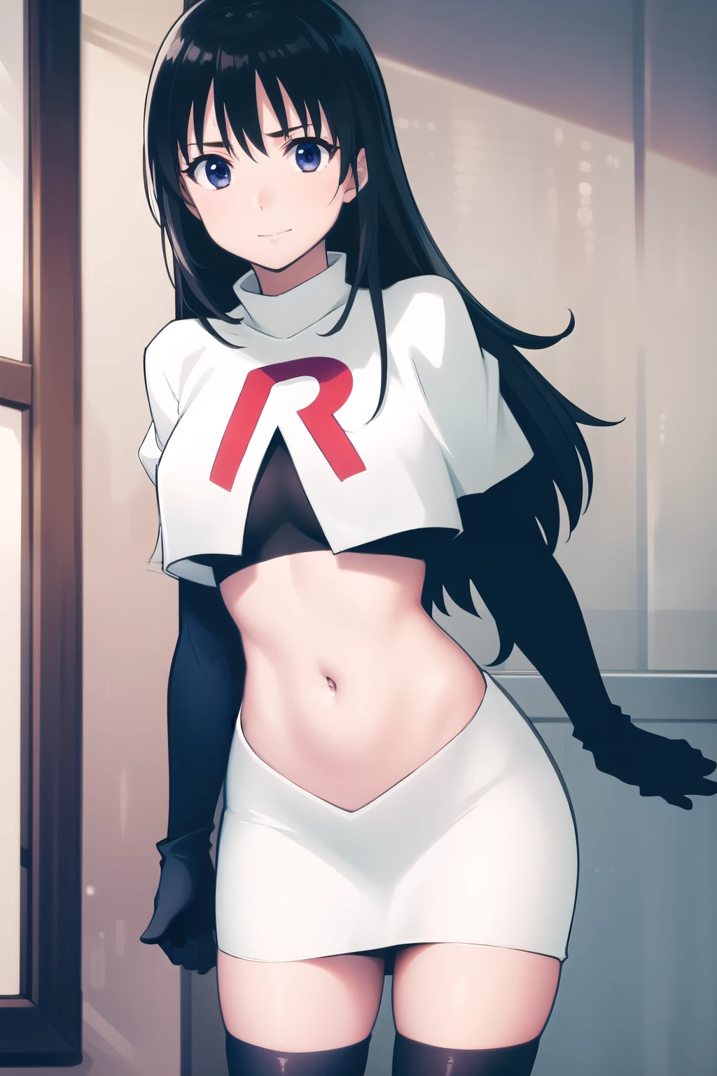 photorealistic, (4k), depth of field, (Masterpiece), (realistic skin texture), extremely detailed, intricate, hyper detailed, professional photography, high resolution, sharp detail, best quality, girl, long hair, black hair, dark blue eyes, face mark,team rocket,team rocket uniform,white skirt,red letter R,crop top,black thigh-highs,black elbow gloves
