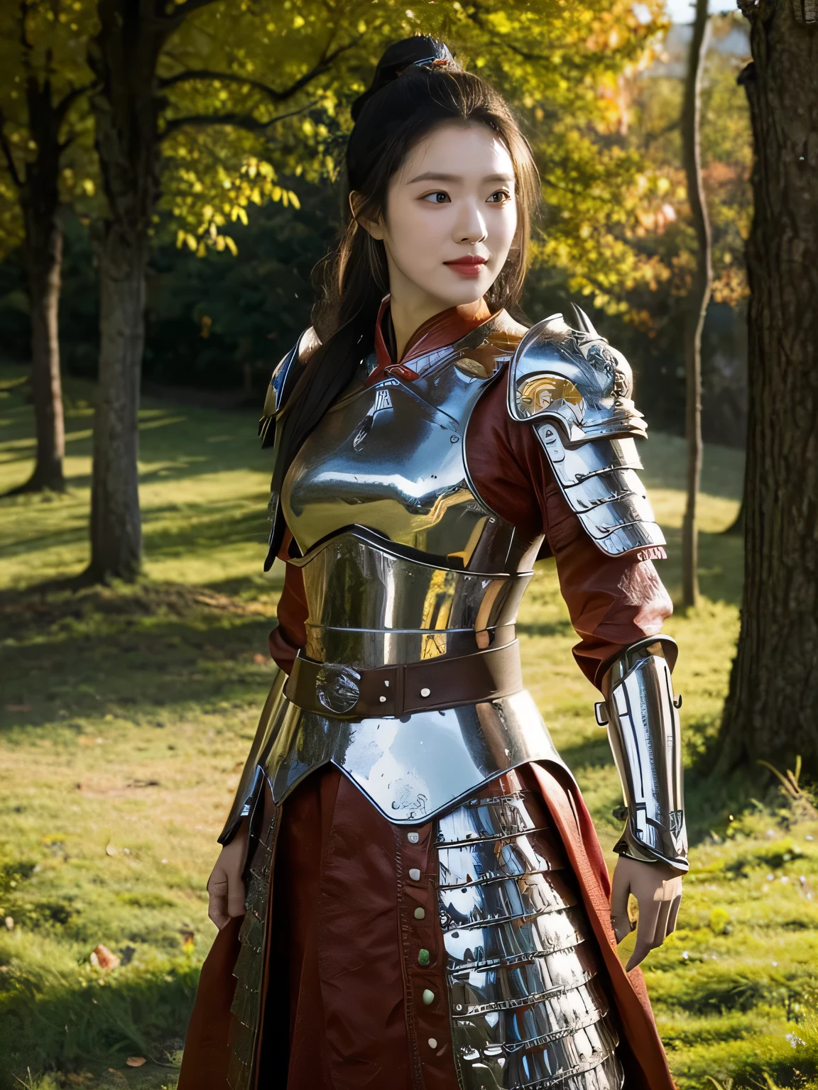 masterpiece,Best quality,HD quality,face close-up,A high resolution,8K,Ancient battlefield background, ((field:1.8)),(Female generals on the battlefield in the Han Dynasty),18-year-old girl,(long ponytail hairstyle),cparted lips,Full and erect breasts,Noble and charming,Elegant and serious,Chinese armor,sword, Chinese architecture, red cloak,,The combination of white metal and red leather,chest armor,metallic luster,Leather buckle,Exquisite pattern,mysterious badge,Cool and gorgeouig breasts)),Chest groove,Three Kingdoms character painting style,Photo pose,oc render reflection texture,charming smile,Head-up shot,bright afternoon,woodland background