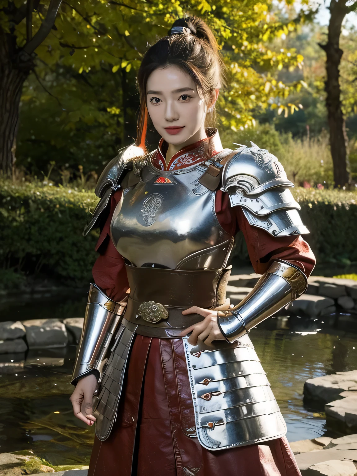 masterpiece,Best quality,HD quality,face close-up,A high resolution,8K,Ancient battlefield background, ((field:1.8)),(Female generals on the battlefield in the Han Dynasty),18-year-old girl,(long ponytail hairstyle),cparted lips,Full and erect breasts,Noble and charming,Elegant and serious,Chinese armor,sword, Chinese architecture, red cloak,,The combination of white metal and red leather,chest armor,metallic luster,Leather buckle,Exquisite pattern,mysterious badge,Cool and gorgeouig breasts)),Chest groove,Three Kingdoms character painting style,Photo pose,oc render reflection texture,charming smile,Head-up shot,bright afternoon,woodland background