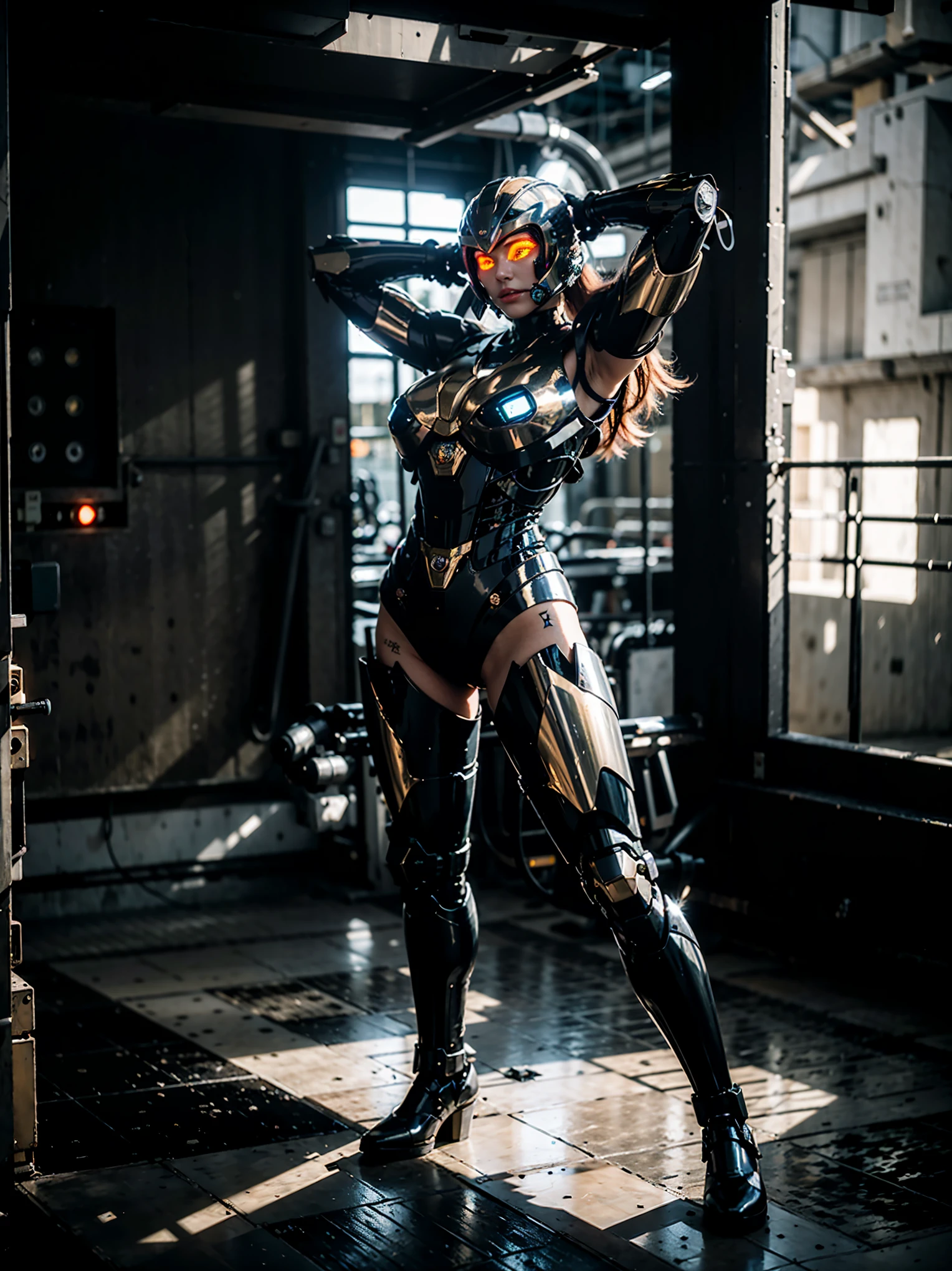 Beautiful female face under the mecha helmet,