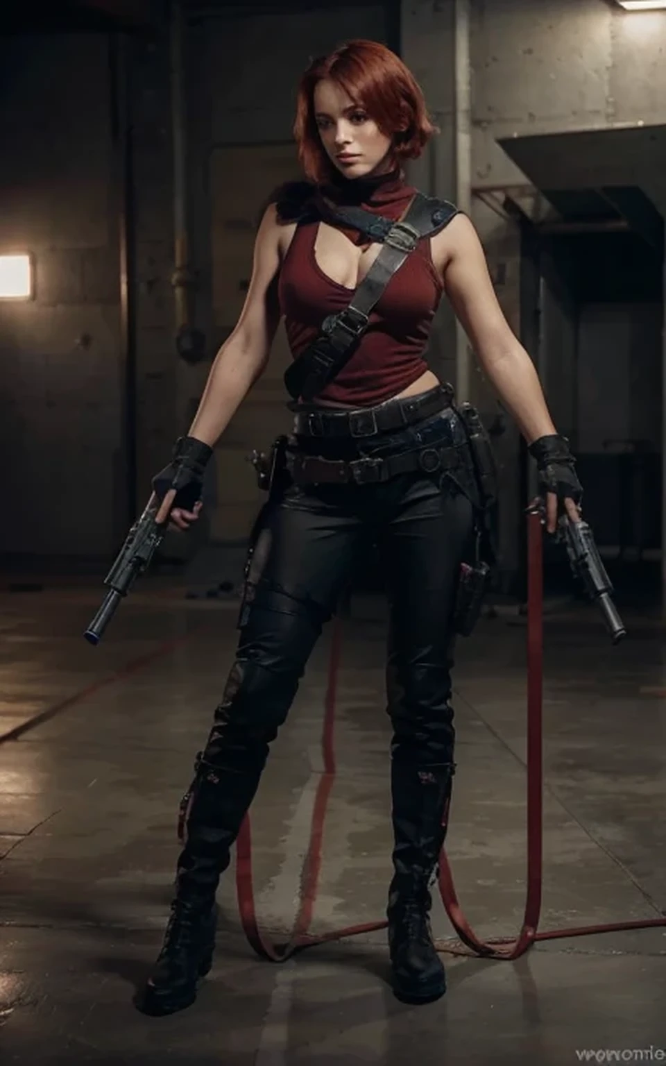 beautiful female soldier, very beautiful Scottish face, has a pirate patch in one eye, short red hair, tight military uniform, red military toptank, tight black military pants with red details, ammunition belt and harness, holsters, on each hand holds a laser gun, cables, metal knee pads, long military boots, is in an advanced bunker, concrete walls, computer screens with blue screens, full of smoke and fire, metal floor, image in reddish tones, 4k, ultra detailed image, realistic, very detailed, perfect composition, splendid, intricately detailed, incredibly detailed, art photography 8k, hyper detailed, Masterpiece, ultra detailed, hyper realistic, 4k, ultra detailed image, realistic, highly detailed, perfect composition, splendid, intricately detailed, incredibly detailed, Artistic photography in 8k, hyper detailed