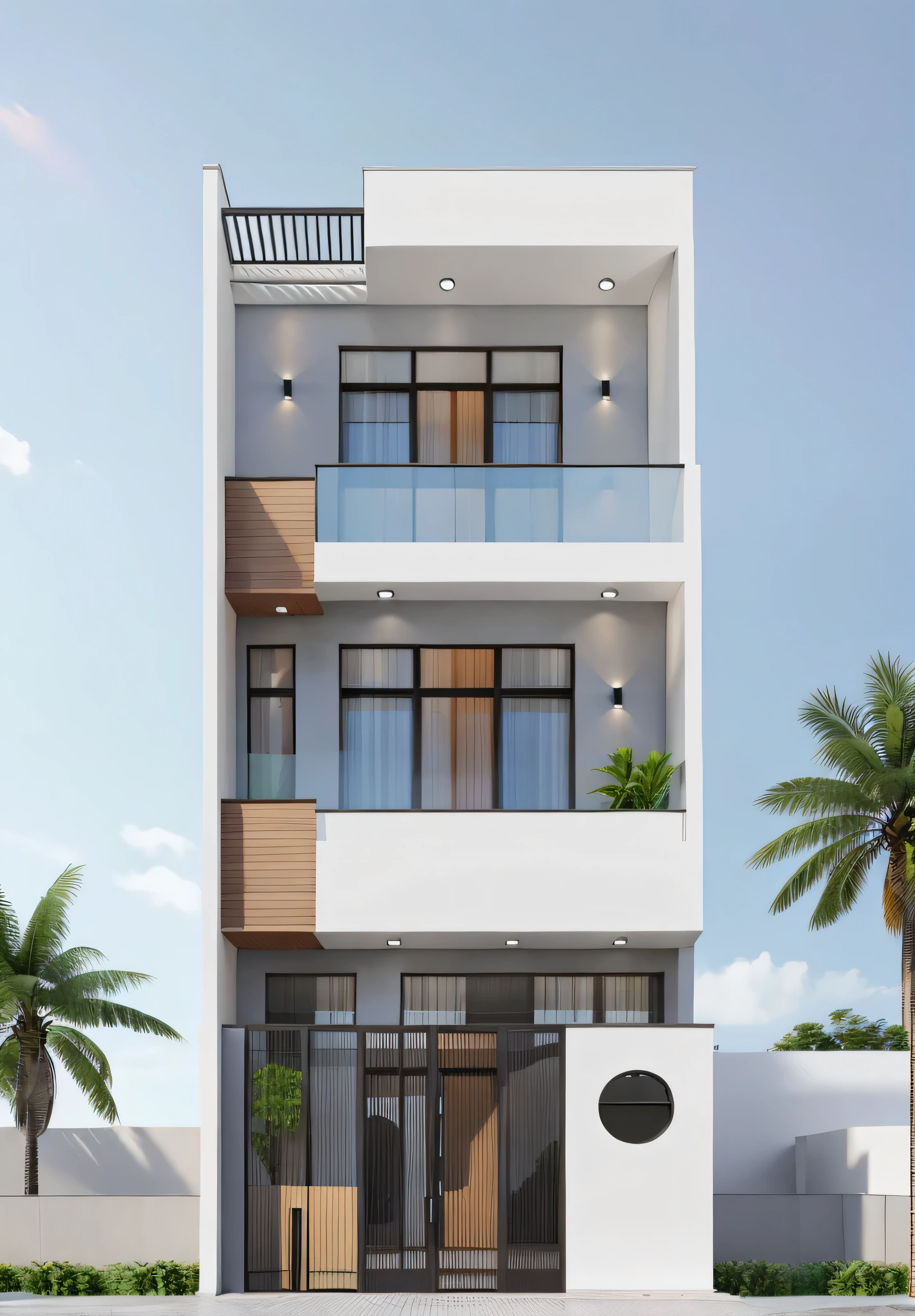 Photo brute,chef-d&#39;artwork, High quality, best quality, authentique, Great detail, Maison de ville, maison moderne, glass windows, (plafond en bois:1.1), garde-corps en verre, grille, fence, (Courbe:1.1), arbres tropicaux, jour, beau ciel, (ultra realistic, chef-d&#39;artwork, best quality, Photo brute, 8K)