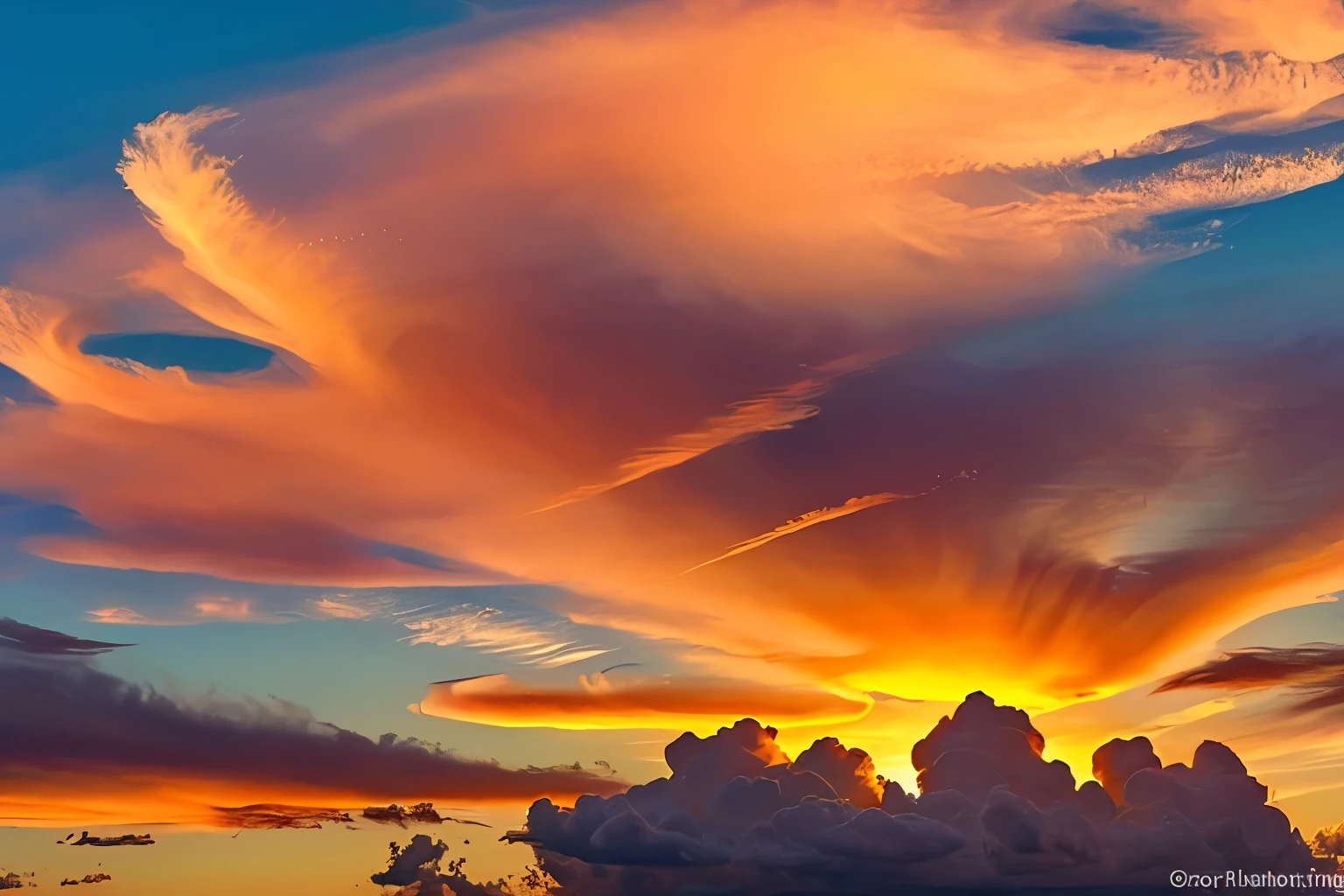 Cloud formations: Wispy clouds catching the colors of the setting sun.