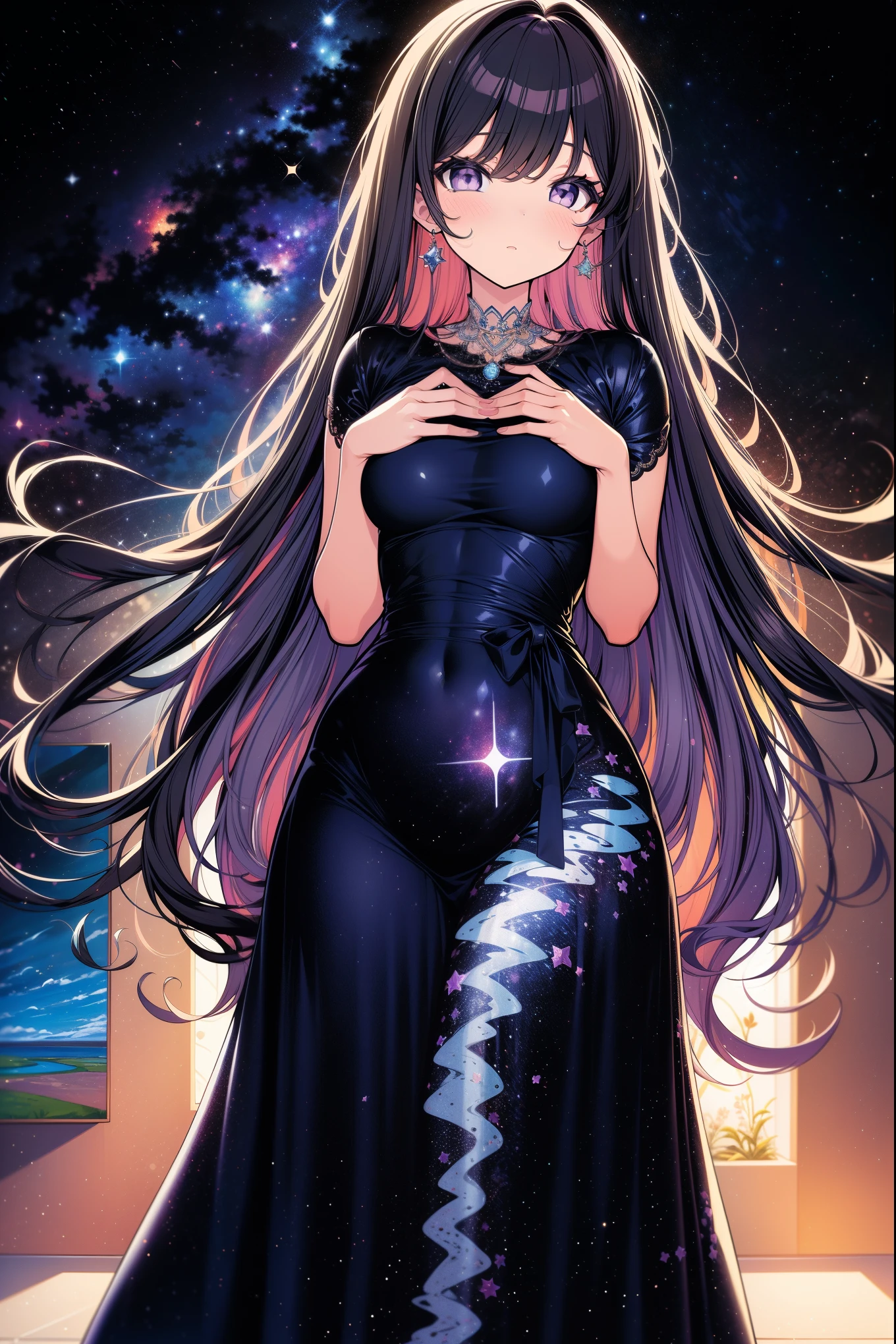 woman wearing starry dress, wide hips, The Milky Way stretches to the horizon,Elegant twirl in long skirt,deep indigo and violet shades, A feeling of wonder and vastness of the universe, illustration, oil painting on canvas,