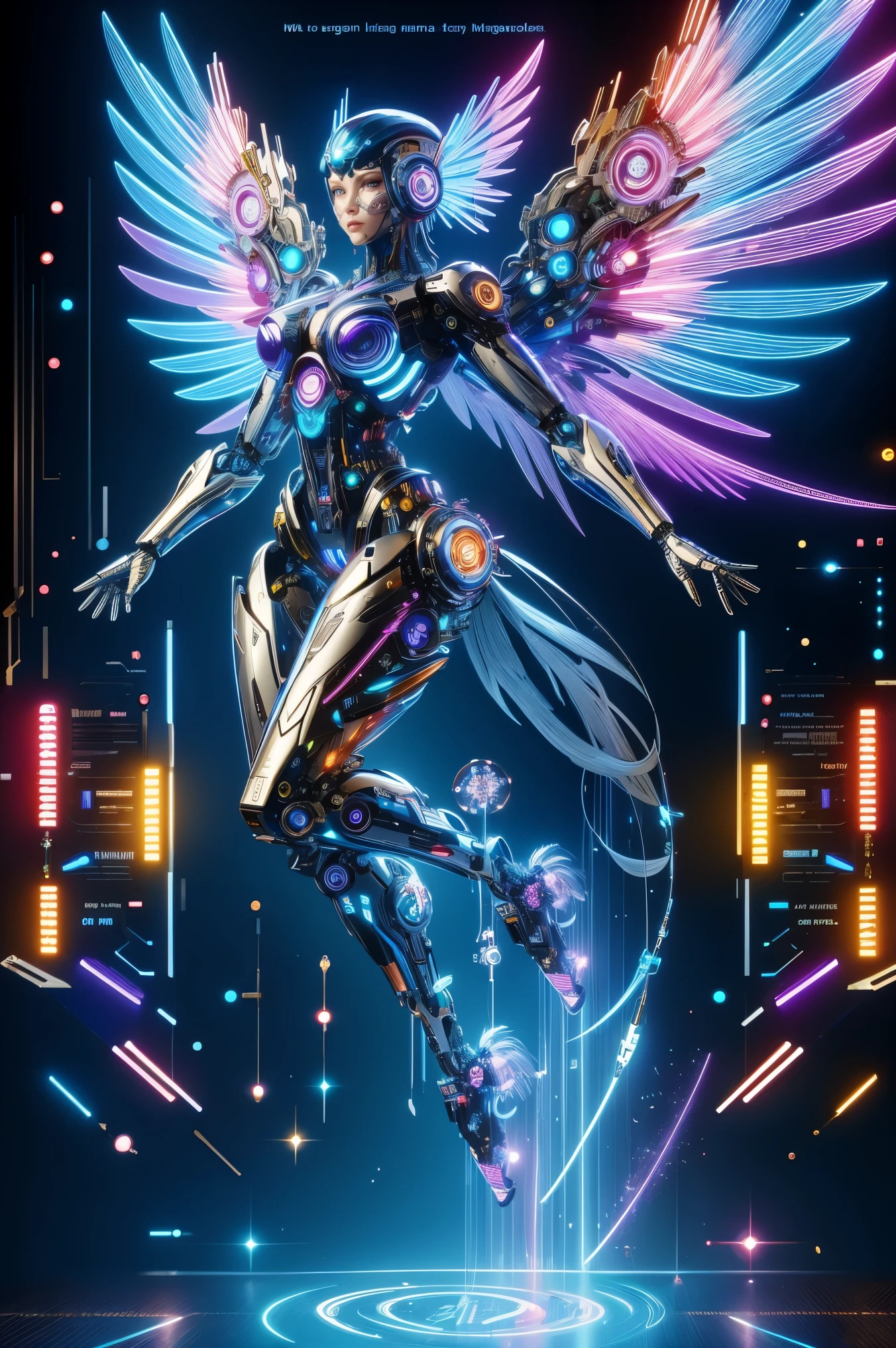 (masterpiece, best quality:1.2), Futuristic, mechanical female angel, high-tech machinery, dreamy radiance, full body, female figure, floating mid-air, intricate craftsmanship, masterpiece, glowing, neon lights, high-tech mechanical parts, mechanical fingers, mechanical wings, mechanical head, metal feathers, cool appearance, mechanical legs, biomimetic eyes, intricate feather design, dreamy radiance, electric blue, bright purple, vividly glowing eyes, reflective metallic surfaces, interlocking mechanical gears, dynamic fashion, motion blur effect, sci-fi atmosphere, aerodynamic streamlined, laser scanning patterns, holographic projection, glowing circuit lines, electric sparks, shiny chrome