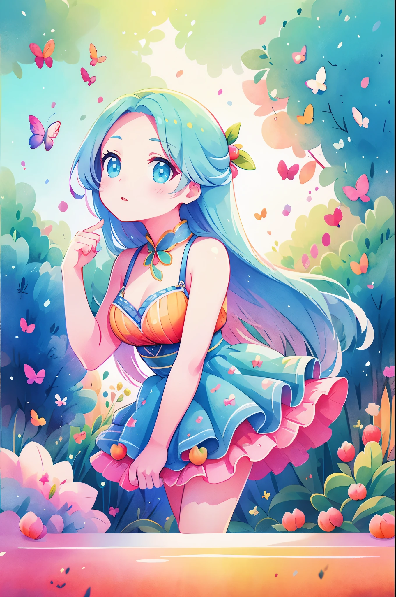 face focuasterpiece, 最high quality, morning, sun, long frosty blue hair, woman, standing，butterfly, performer, mysterious peach tree, peach leaves, high quality, beautiful graphics, high detail