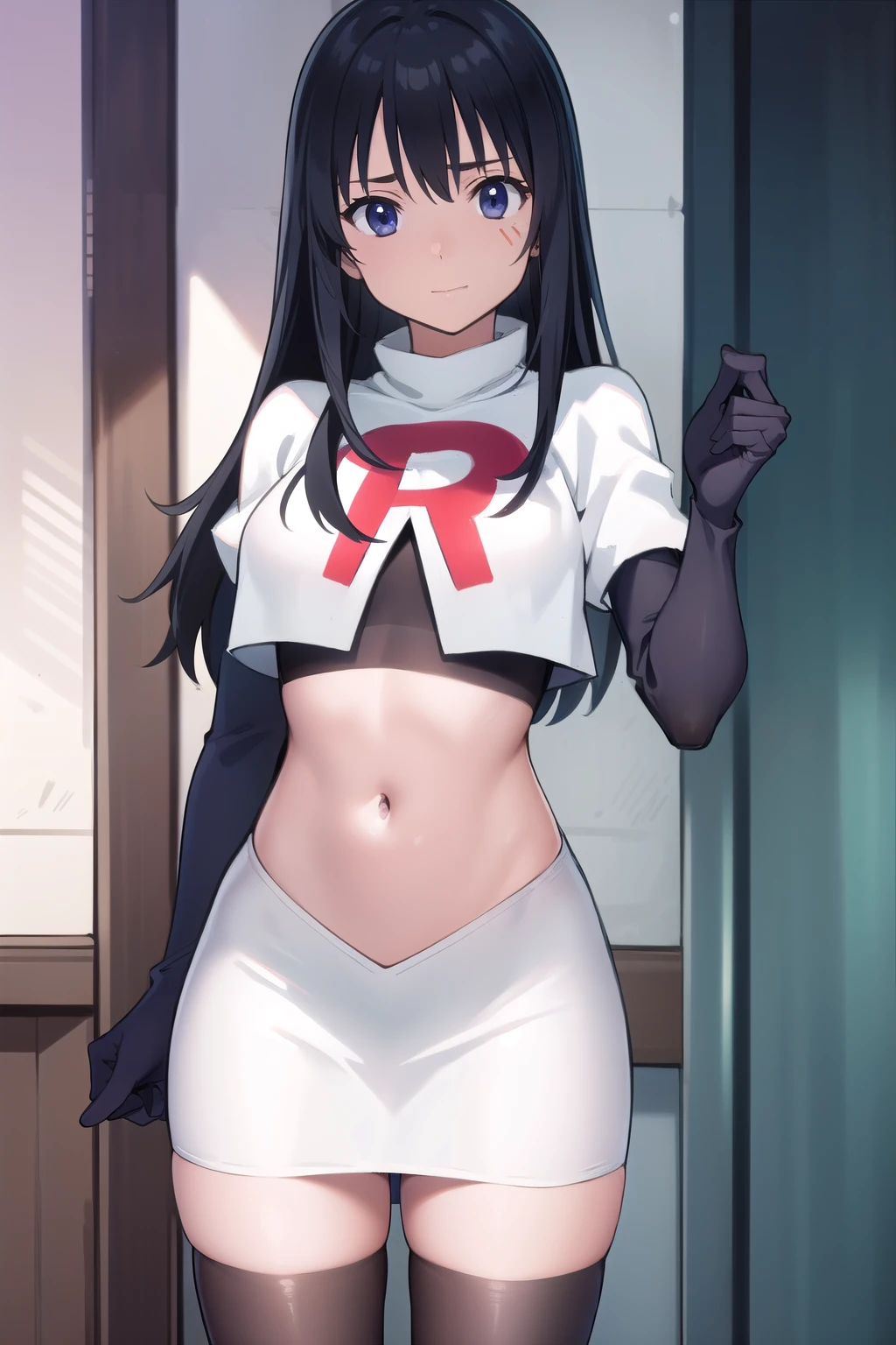 photorealistic, (4k), depth of field, (Masterpiece), (realistic skin texture), extremely detailed, intricate, hyper detailed, professional photography, high resolution, sharp detail, best quality, girl, long hair, black hair, dark blue eyes, face mark,team rocket,team rocket uniform,white skirt,red letter R,crop top,black thigh-highs,black elbow gloves
