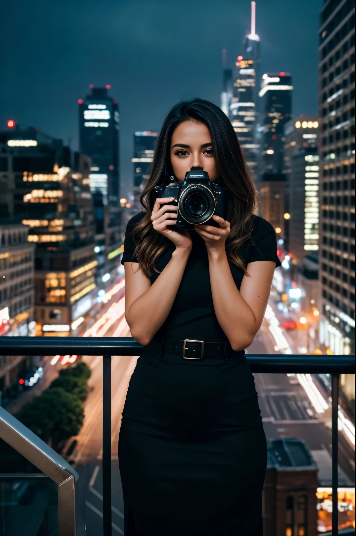 masterpiece, best quality, extremely detailed, hyperrealistic, photorealistic, a beautiful photographer, holding a camera with both hands, taking a photo, city, night