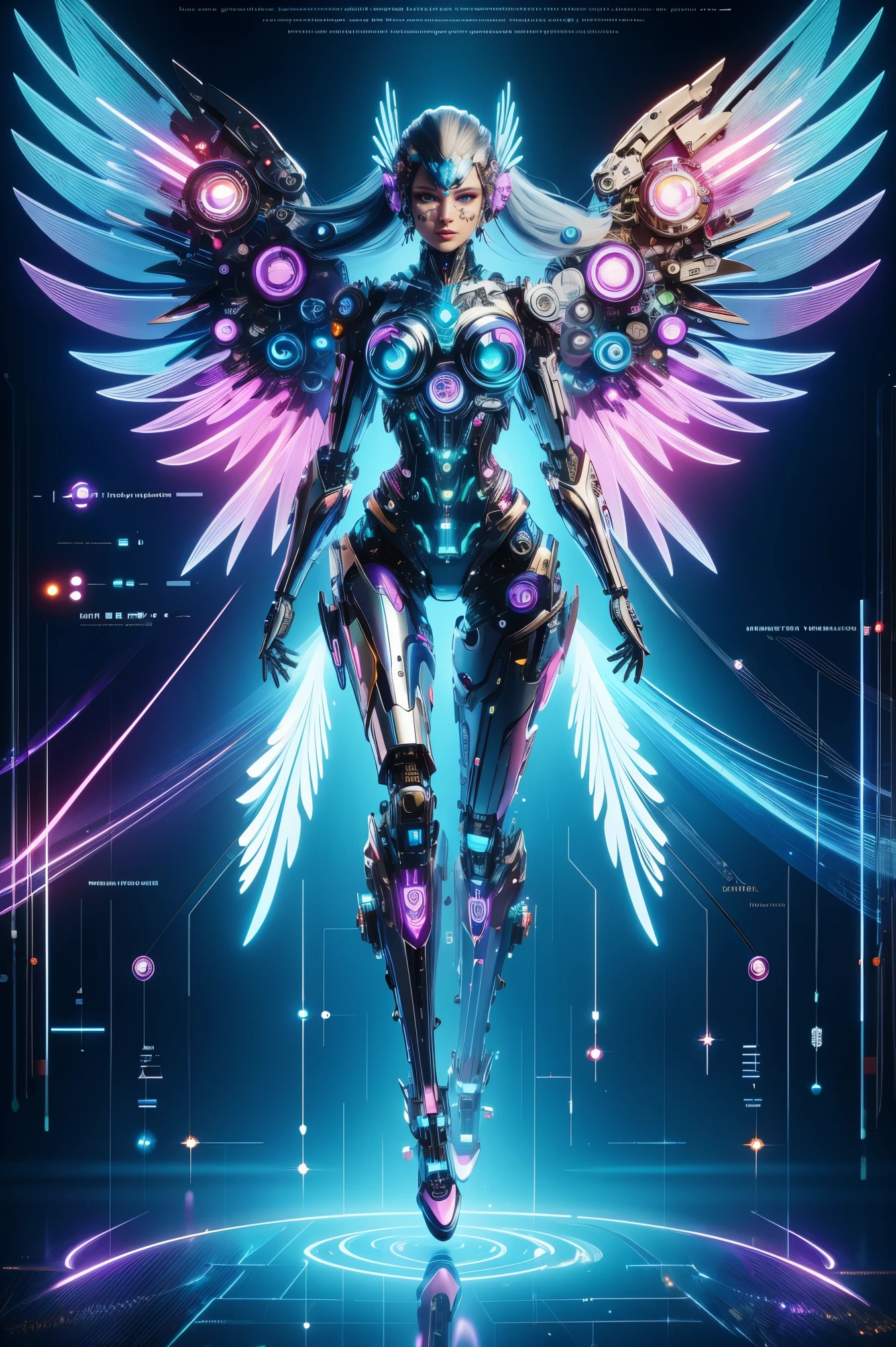 (masterpiece, best quality:1.2), Futuristic, mechanical female angel, high-tech machinery, dreamy radiance, full body, female figure, floating mid-air, intricate craftsmanship, masterpiece, glowing, neon lights, high-tech mechanical parts, mechanical fingers, mechanical wings, mechanical head, metal feathers, cool appearance, mechanical legs, biomimetic eyes, intricate feather design, dreamy radiance, electric blue, bright purple, vividly glowing eyes, reflective metallic surfaces, interlocking mechanical gears, dynamic fashion, motion blur effect, sci-fi atmosphere, aerodynamic streamlined, laser scanning patterns, holographic projection, glowing circuit lines, electric sparks, shiny chrome