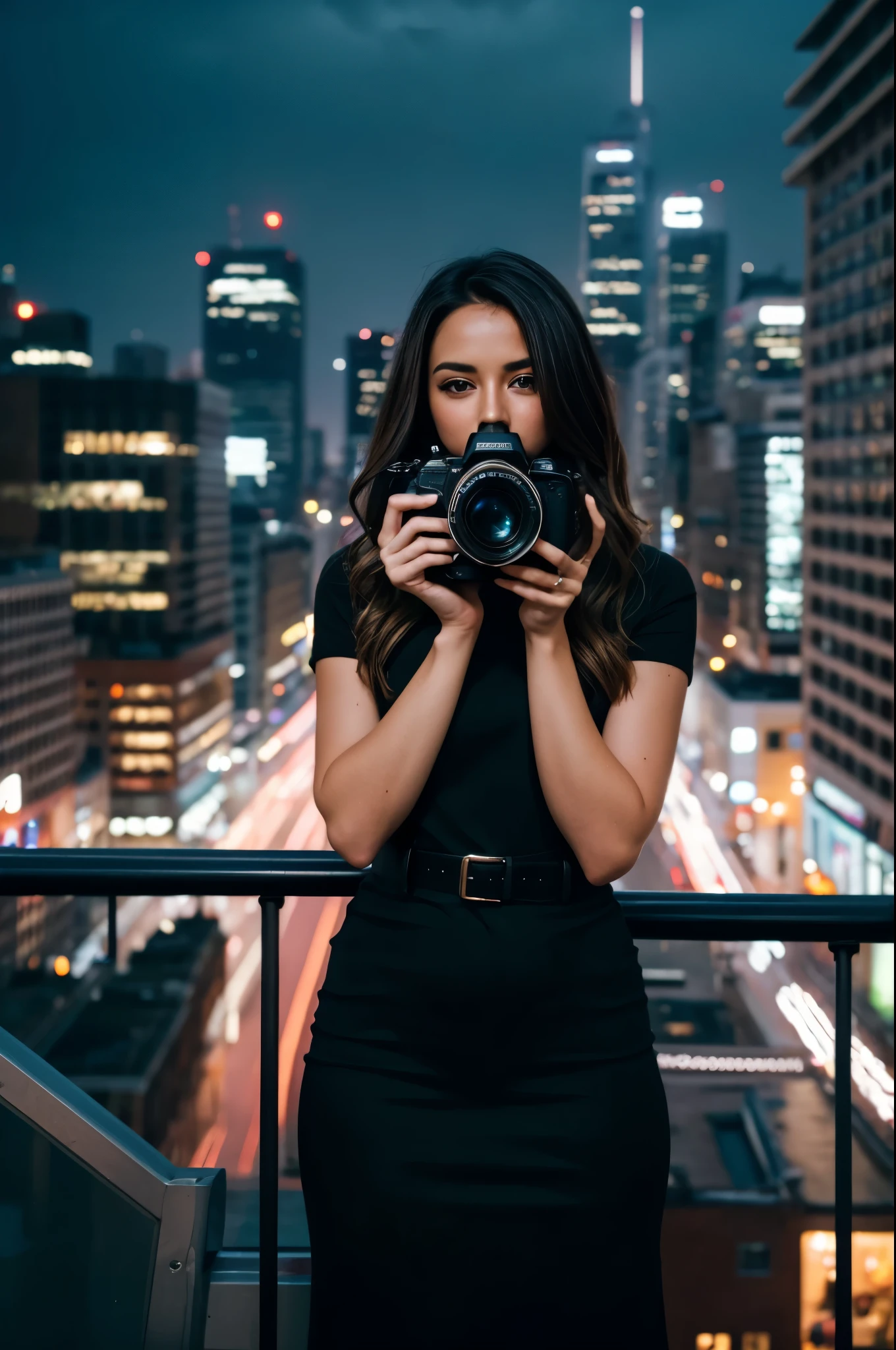 masterpiece, best quality, extremely detailed, hyperrealistic, photorealistic, a beautiful photographer, holding a camera with both hands, taking a photo, city, night