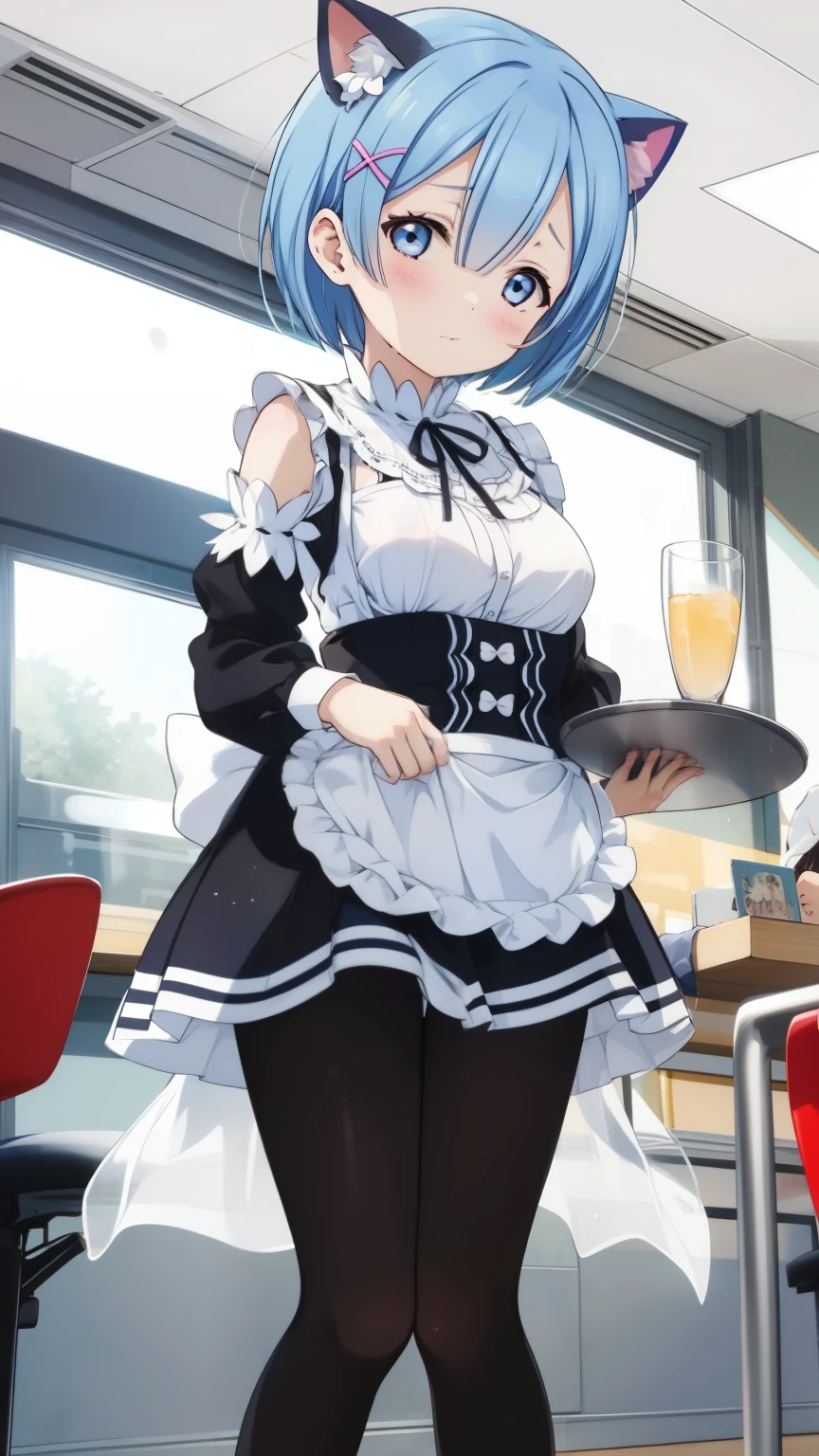 Re:Zero's Rem、light blue hair、short hair、table top、High resolution、many girls multiple girls、large crowd、lots of cute girls、big and full breasts、naughty body、See-through、throw、、whole body、Are standing、Look up at me、confused face、blush、black pantyhose、female shape'Private parts are clearly visible、I can see your nipples、white shirt、navy check skirt、micro mini skirt、very short skirt、Department store、shop、Many people々々、in the crowd、bare chest、show your chest、from below、Low - Angle、while holding the tray、place the chest on the tray、Upper grade、A lot of milk comes out from the nipples、Breast milk gushes from the nipple、cat ears maid clothes、blue gingham maid outfit、With cup 、Breast milk drips from the nipples、Breasts wet with breast milk、The shape of a woman's private parts is clearly visible、close up of chest