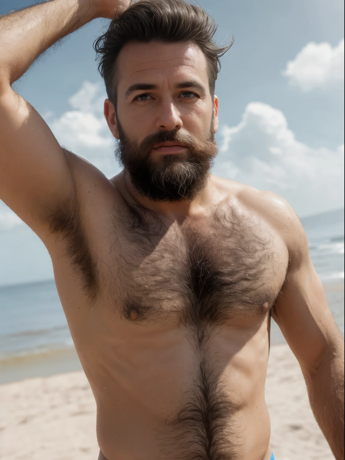 masterpiece, best quality, high resolution, closeup portrait, male focus, solo focus, A man, 45 years old, grey hair, in speedo, grey silver hair, messy hairstyle, cute and seductive face, bare chest, body hair, facial hair, pale skin, sun freckles, roman nose, very skinny body, hairy legs, cute, dimples, scruffy beard, very hairy armpits, bold jawline , sweaty, in the background a beach on a cloudy day, view from below, amazing composition, front view, HDR, ultra quality, elegant, highly detailed