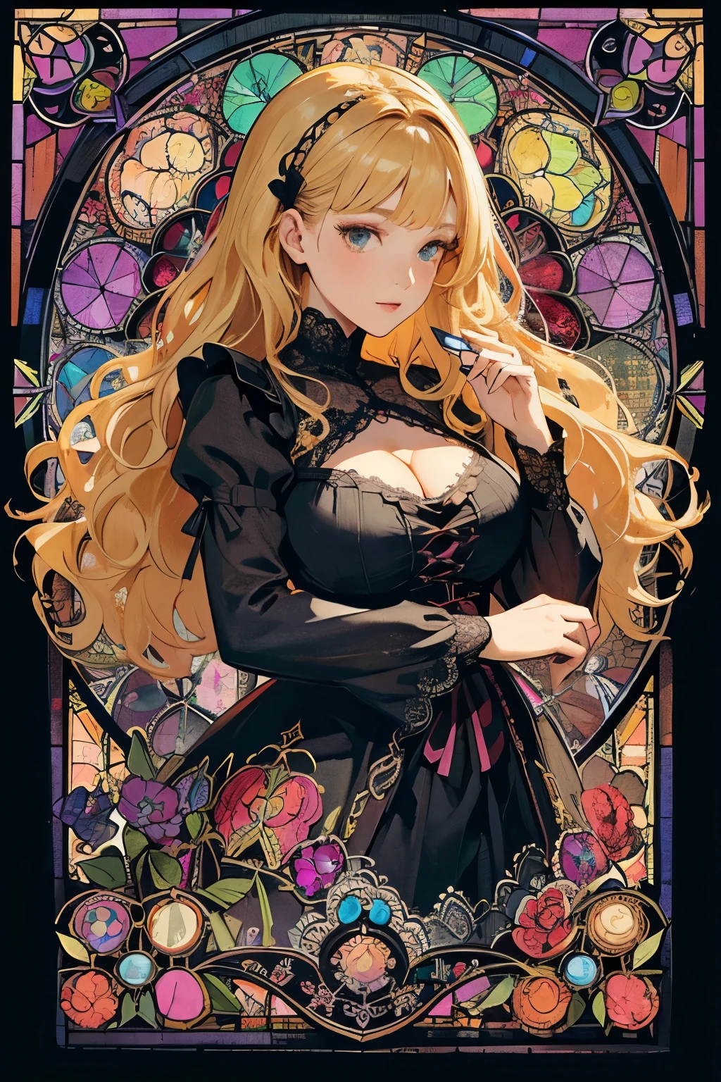 (Masterpiece, Best Quality), 8k,(((highly detailed))), lace cutout picture,lace cutout picture,lace:1.8,Super intricate lace pattern,colorful lace pattern,stained glass background, kaleidoscope,light-up,baggy Gothic 1 woman,sexy,(wavy hair,blonde hair),