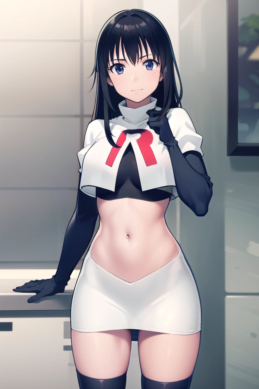 photorealistic, (4k), depth of field, (Masterpiece), (realistic skin texture), extremely detailed, intricate, hyper detailed, professional photography, high resolution, sharp detail, best quality, girl, long hair, black hair, dark blue eyes, face mark,team rocket,team rocket uniform,white skirt,red letter R,crop top,black thigh-highs,black elbow gloves
