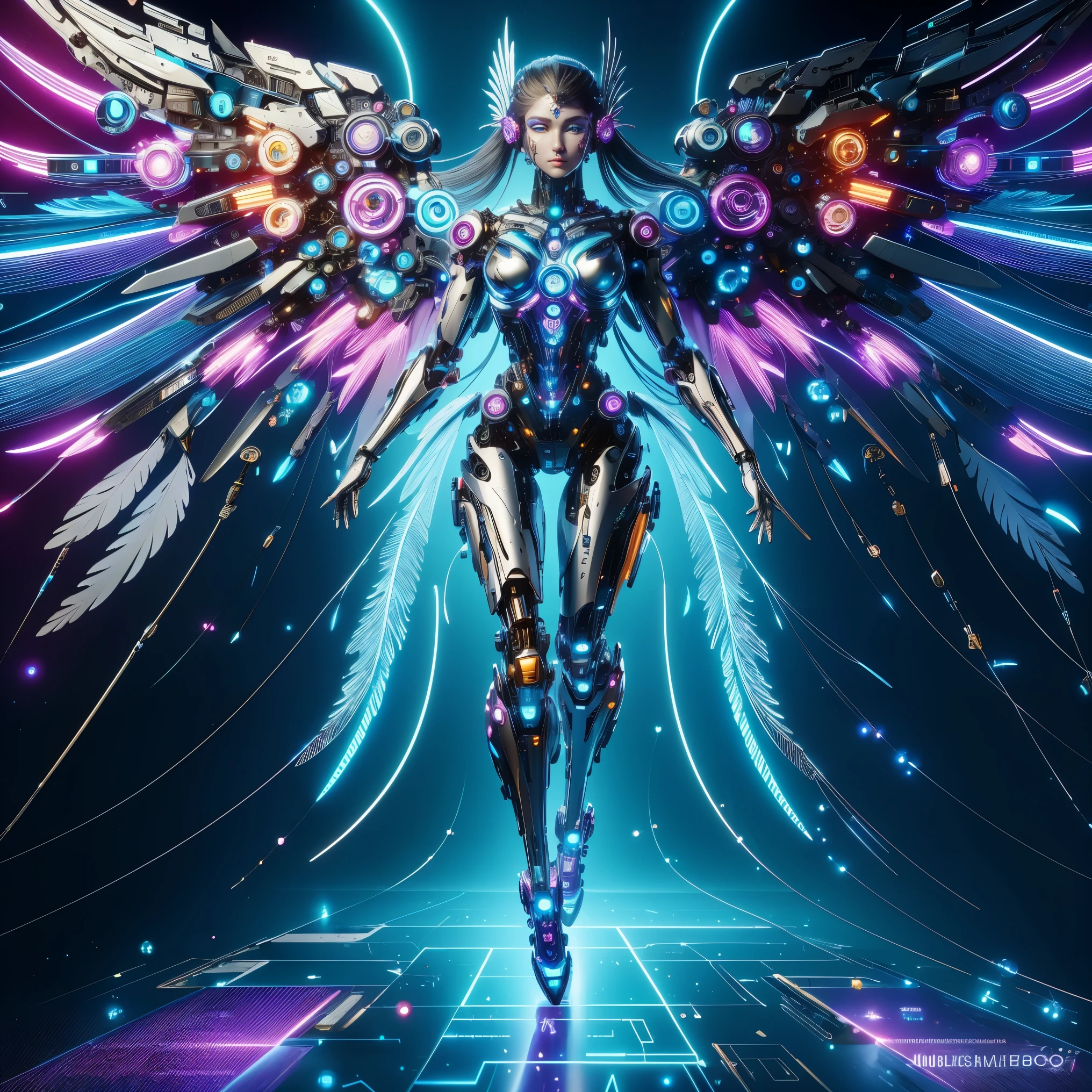 (masterpiece, best quality:1.2), Futuristic, mechanical female angel, high-tech machinery, dreamy radiance, full body, female figure, floating mid-air, intricate craftsmanship, masterpiece, glowing, neon lights, high-tech mechanical parts, mechanical fingers, mechanical wings, mechanical head, metal feathers, cool appearance, mechanical legs, biomimetic eyes, intricate feather design, dreamy radiance, electric blue, bright purple, vividly glowing eyes, reflective metallic surfaces, interlocking mechanical gears, dynamic fashion, motion blur effect, sci-fi atmosphere, aerodynamic streamlined, laser scanning patterns, holographic projection, glowing circuit lines, electric sparks, shiny chrome, (Gray background, simple background:1.5), ((first-person view, pov, eyes looking at the audience))