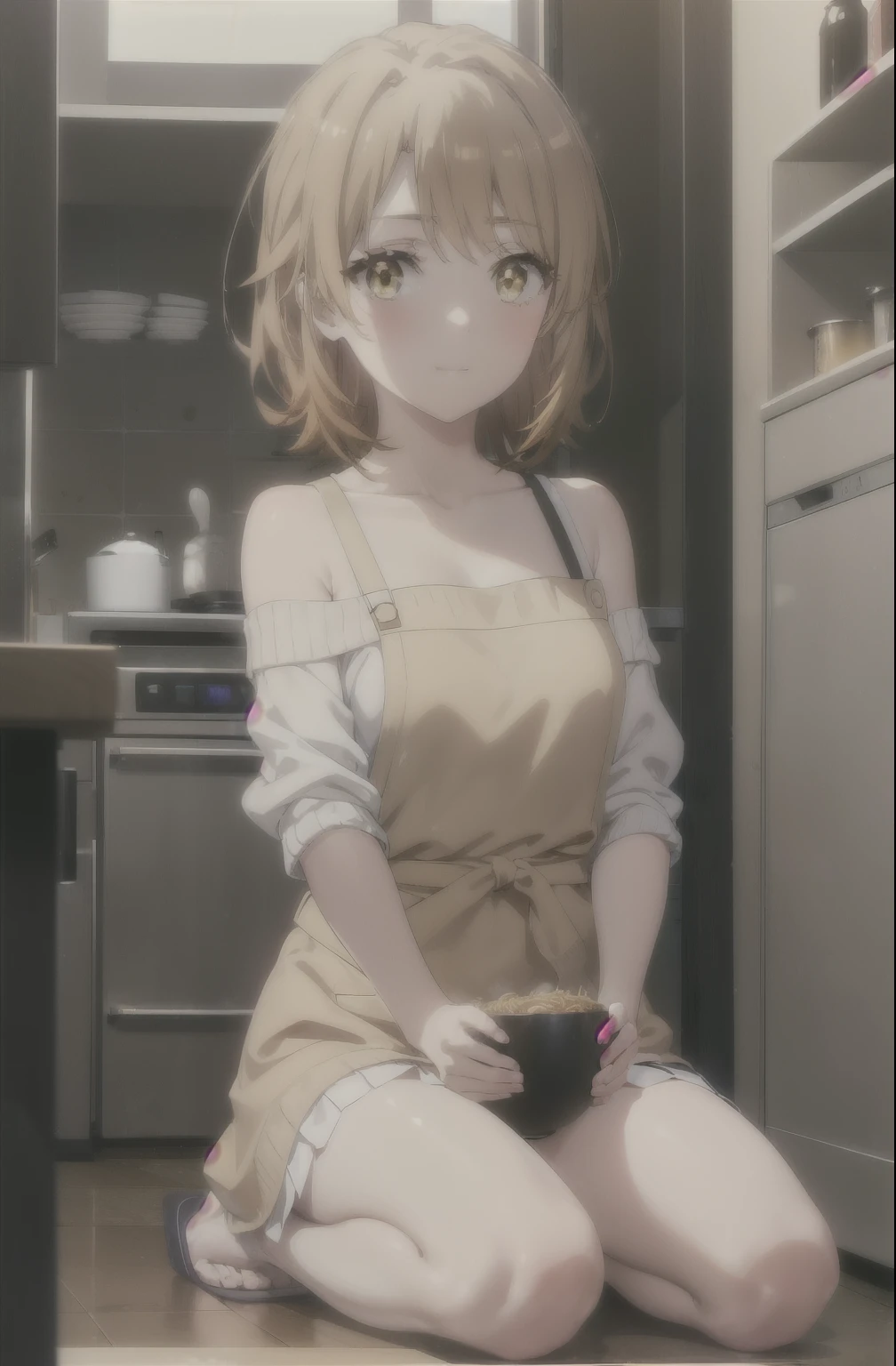 irohaisshiki, iroha isshiki, short hair, brown hair, (brown eyes:1.5), smile,off shoulder sweater,naked neck,bare clavicle,bare shoulders,long skirt,indoor slippers,apron,cook in the kitchen、cook pasta on a frying pan break indoors, kitchen,
break looking at viewer,
break (masterpiece:1.2), highest quality, High resolution, unity 8k wallpaper, (figure:0.8), (detailed and beautiful eyes:1.6), highly detailed face, perfect lighting, Very detailed CG, (perfect hands, perfect anatomy),