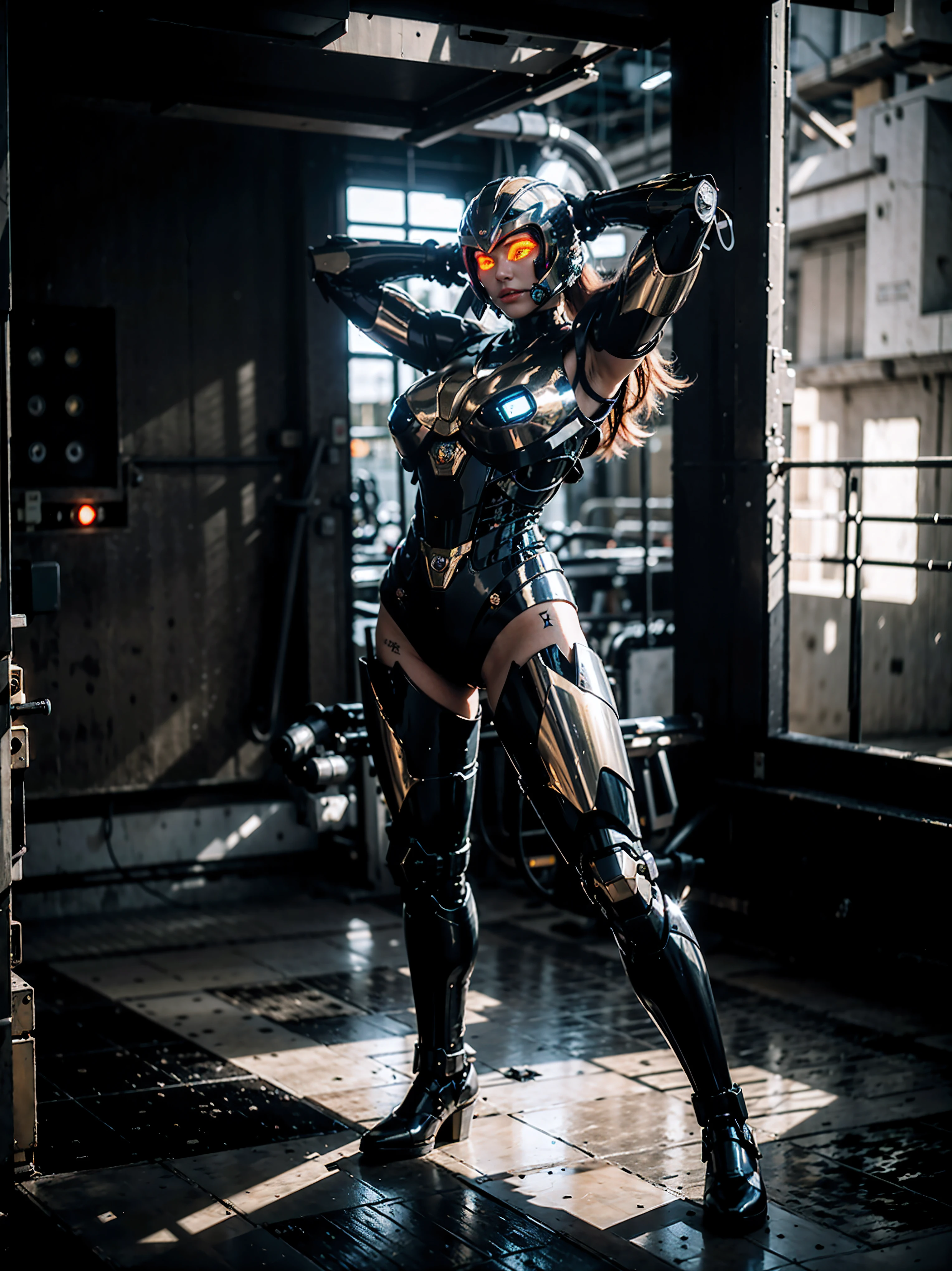 Beautiful female face under the mecha helmet,