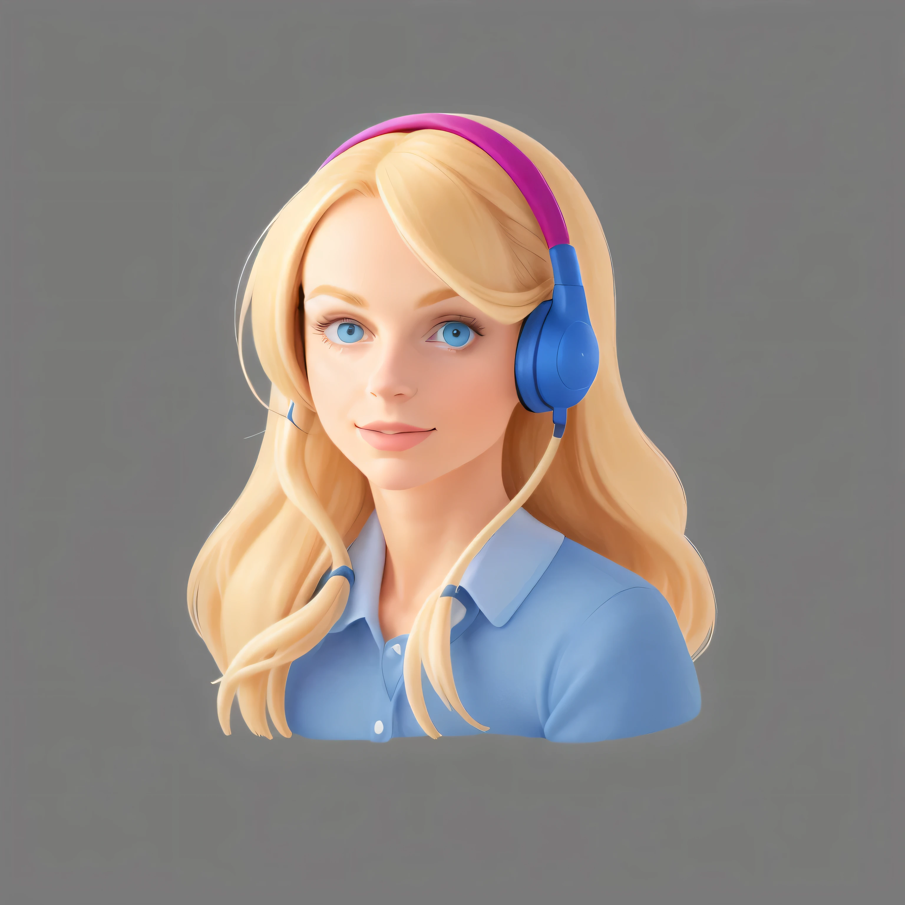 A photorealistic portrait of a 35 year old American girl with long flowing blonde hair and striking blue eyes and wearing headphones. Deve ter um, accessible expression and be illuminated by gentle, tons dourados. Hora da Luz do Sol. O fundo deve ser um pitoresco ambiente ao ar livre, talvez um parque ou praia ensolarado. Capture this image with a high-resolution photograph using an 85mm lens for a flattering perspective