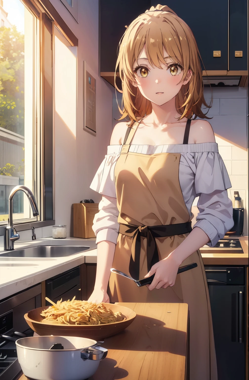 irohaisshiki, iroha isshiki, long hair, ponytail,brown hair, (brown eyes:1.5), blush,smile,open your mouth,off shoulder sweater,naked neck,bare clavicle,bare shoulders,long skirt,indoor slippers,apron,cook in the kitchen、cook pasta on a frying pan break indoors, kitchen,
break looking at viewer,
break (masterpiece:1.2), highest quality, High resolution, unity 8k wallpaper, (figure:0.8), (detailed and beautiful eyes:1.6), highly detailed face, perfect lighting, Very detailed CG, (perfect hands, perfect anatomy),