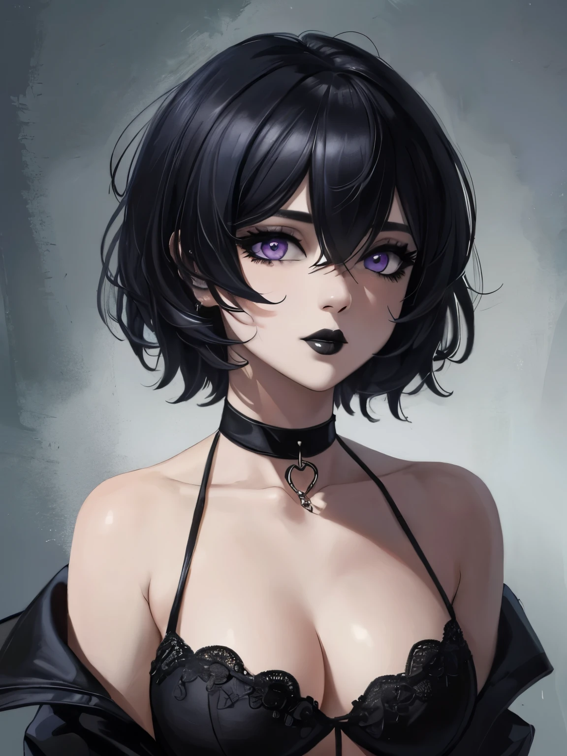 masterpiece,(best quality,top quality,8k),illustration,painting,detailed eyes and face,(1girl), (pale skin), purple eyes, black hair, messy hair, short hair, hair between eyes,(tatto:1.2), wolfcut, pixie cut, goth, gothic, choker, black lips, (black pajama,cleavage)