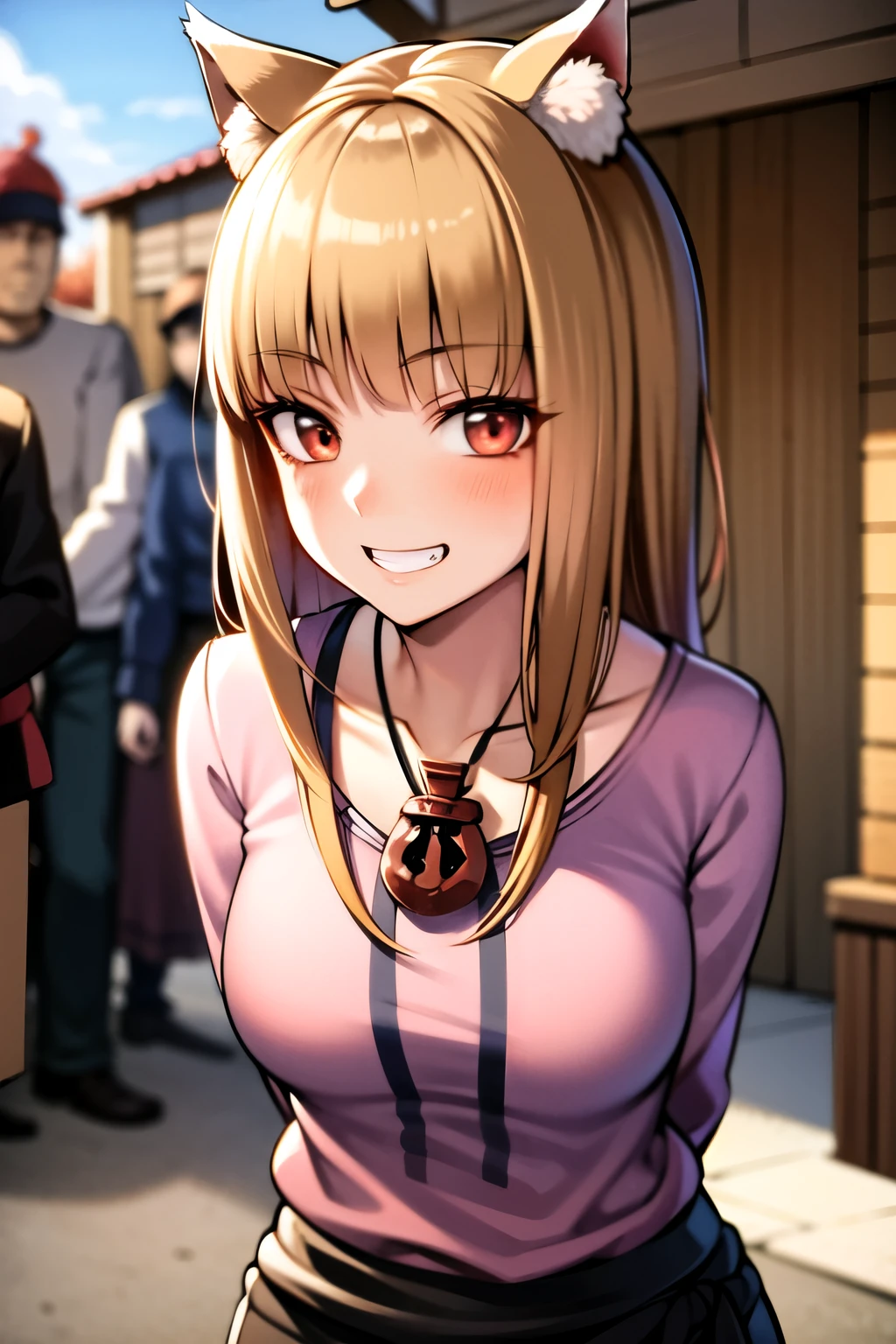 holo, masterpiece, best quality, absurdres, 1girl, looking at viewer, standing, outdoors, neck pouch, slender, pink shirt, upper body, leaning forward, grin, arms behind back, medieval, street, town, crowd