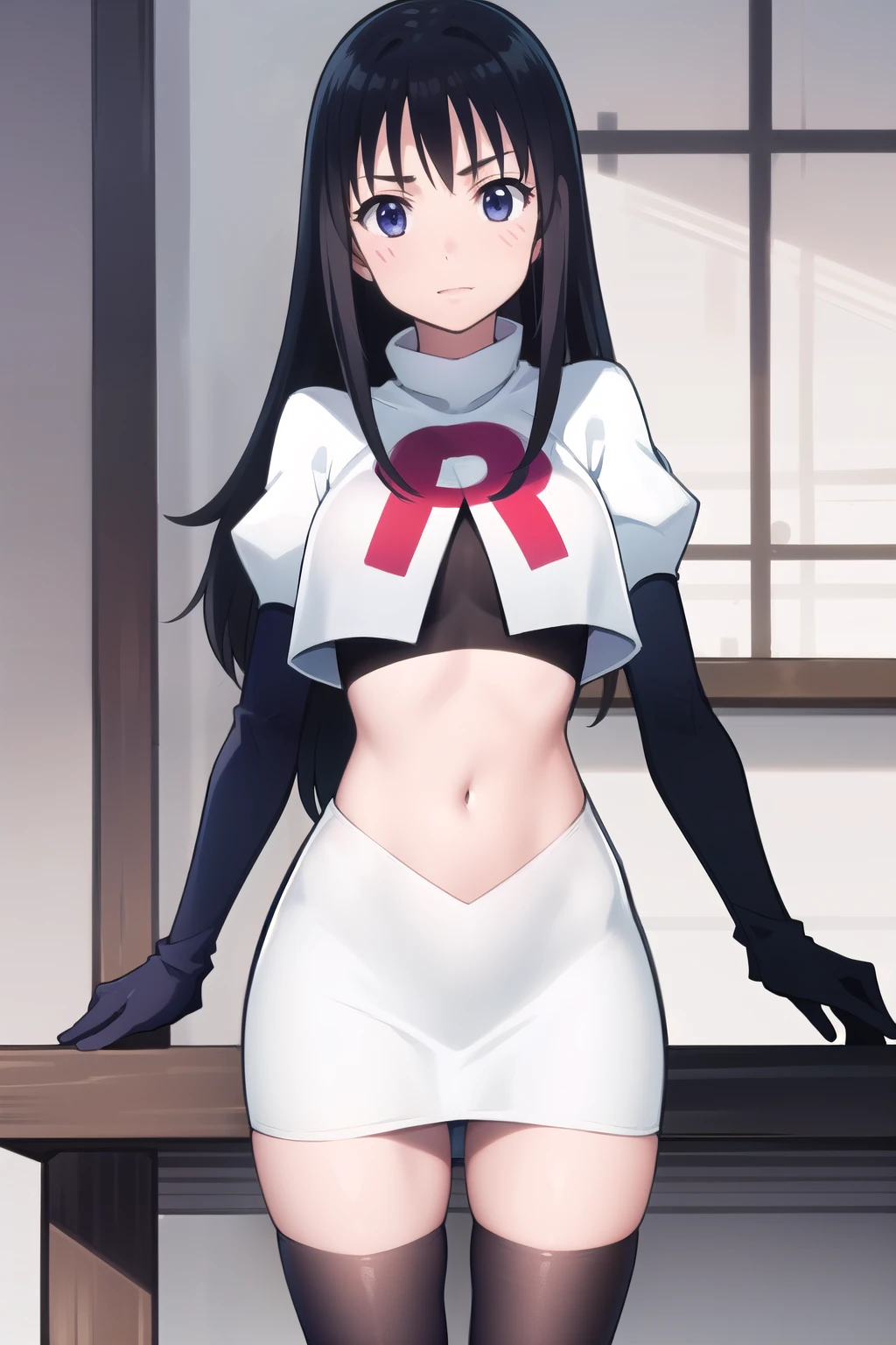 photorealistic, (4k), depth of field, (Masterpiece), (realistic skin texture), extremely detailed, intricate, hyper detailed, professional photography, high resolution, sharp detail, best quality, girl, long hair, black hair, dark blue eyes, face mark,team rocket,team rocket uniform,white skirt,red letter R,crop top,black thigh-highs,black elbow gloves